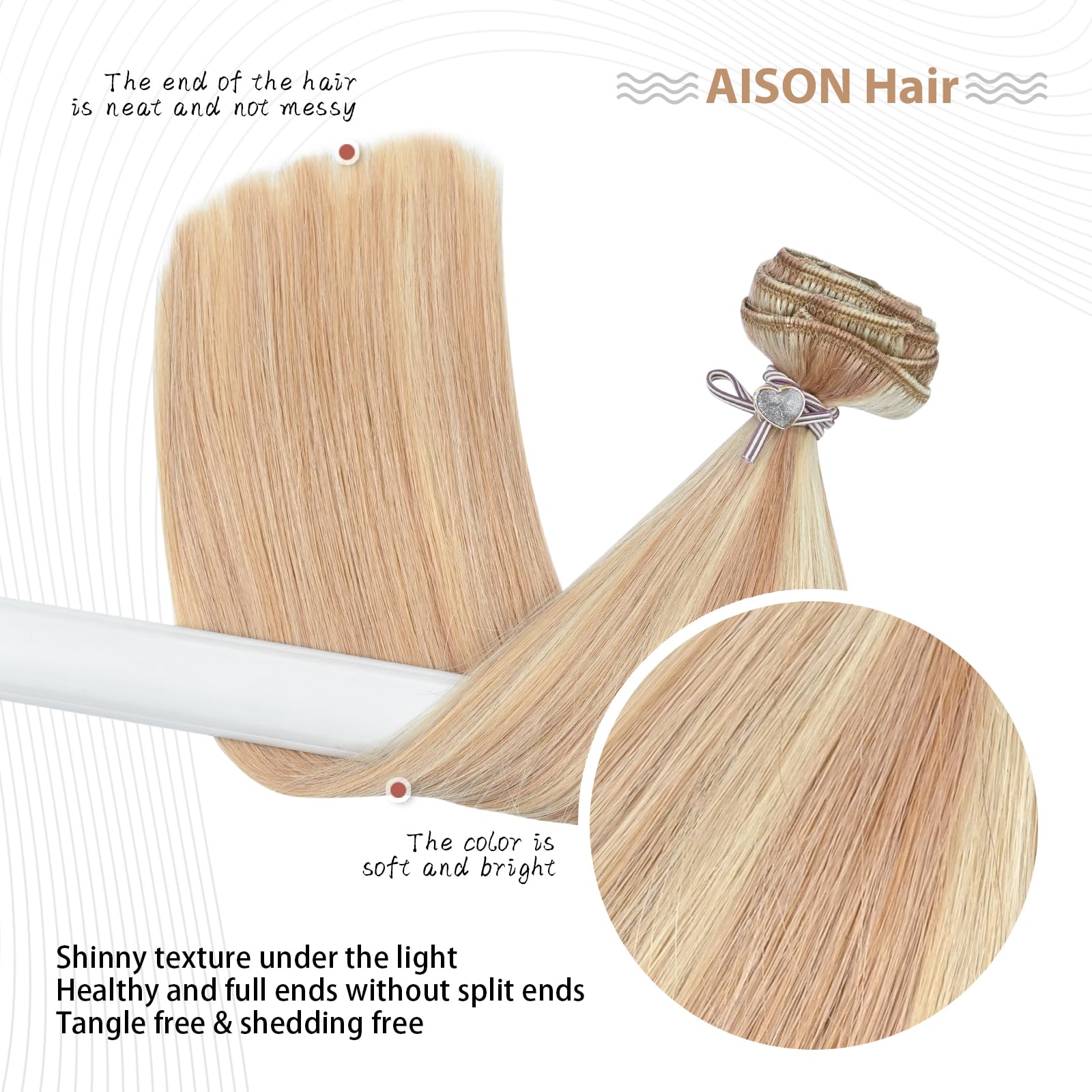 Aison Clip in Hair Extensions Real Human Hair Strawberry Blonde to Bleach Blonde Human Hair Extensions 18 Inch Straight Double W