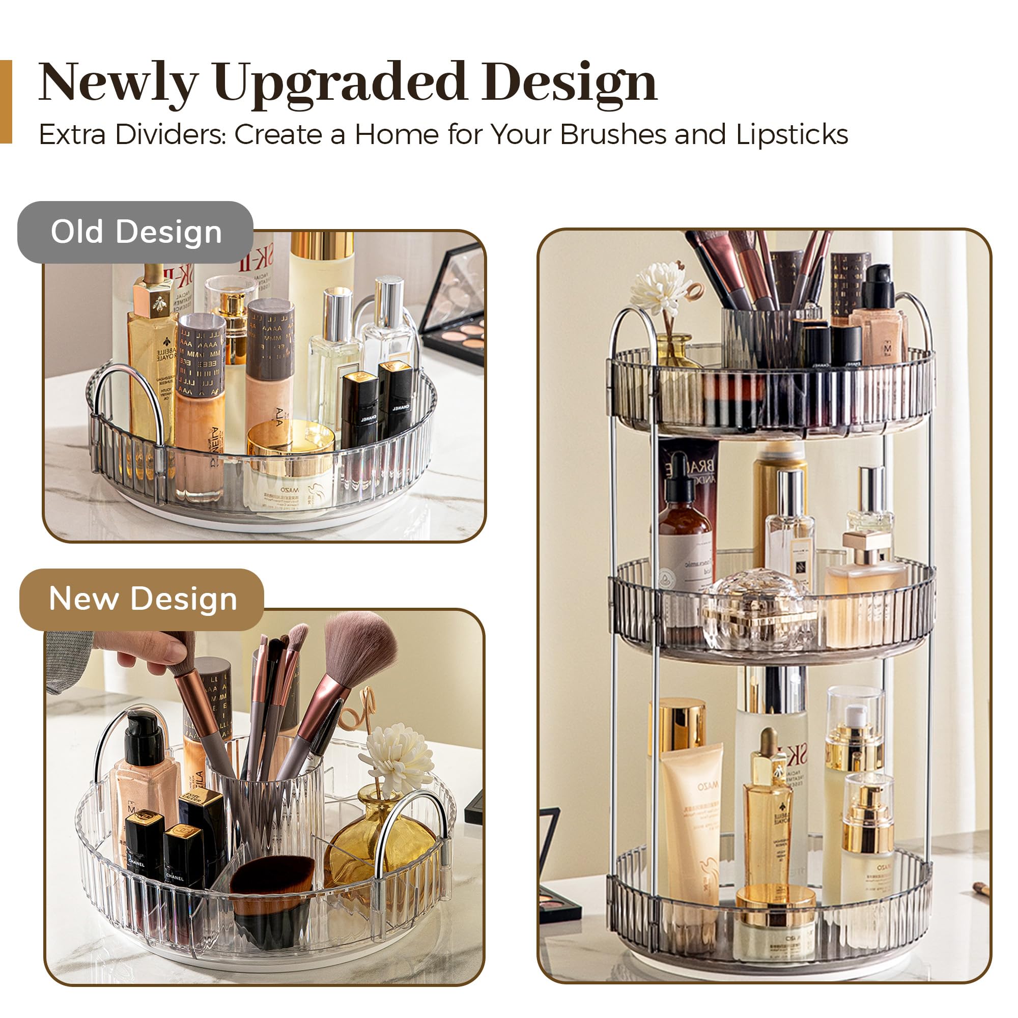 Aveniee 360 Rotating Makeup Organizer For Vanity, Upagraded Perfume Skincare Bathroom Counter Organizers With Brush Divider, 3 T