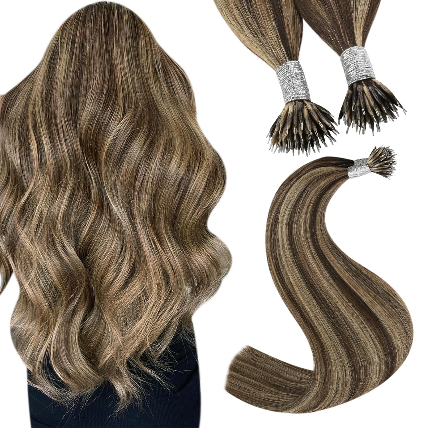 YoungSee 20in Nano Bead Hair Extensions Dark Brown Highlight Caramel Blonde Nano Hair Extensions Brown Human Hair Nanolink Hair 