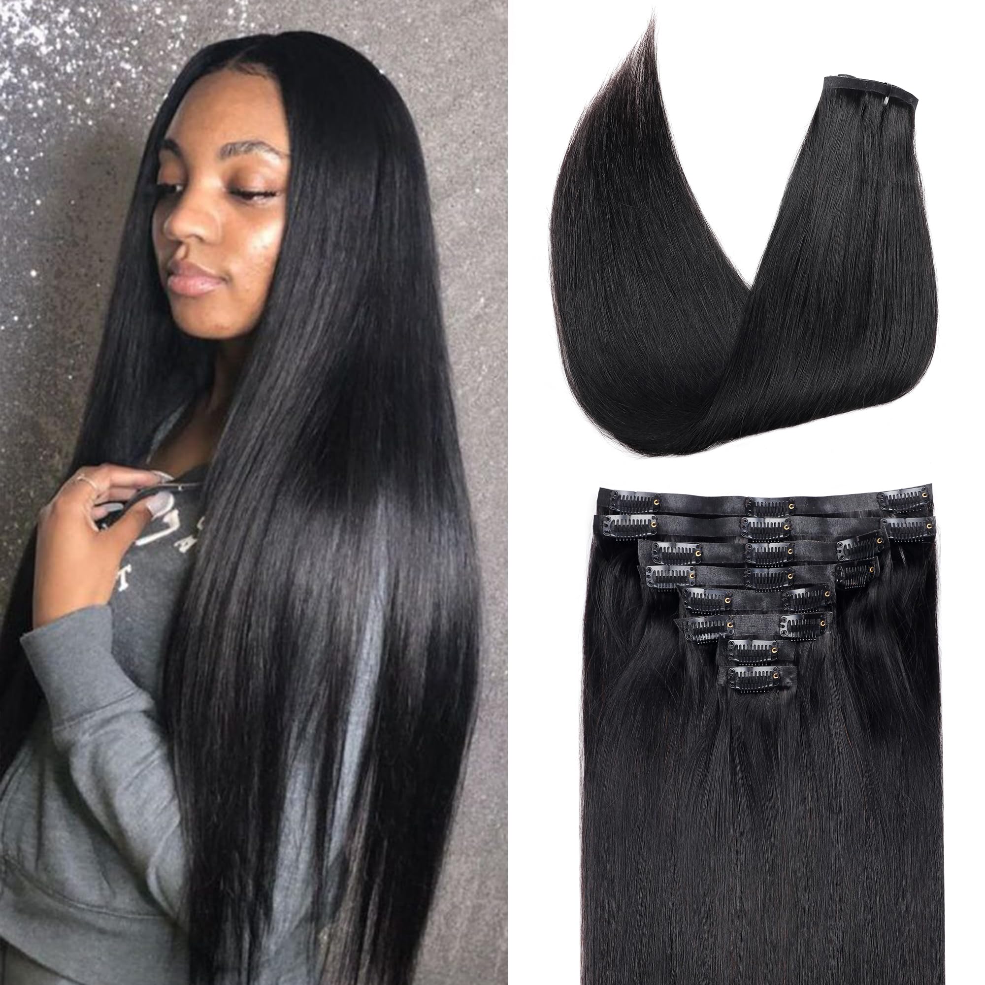 Pobokix Seamless Clip In Hair Extensions Real Human Hair Straight 8Pcs 120g Hair Extensions Clip In Brazilian Human Hair Extensi