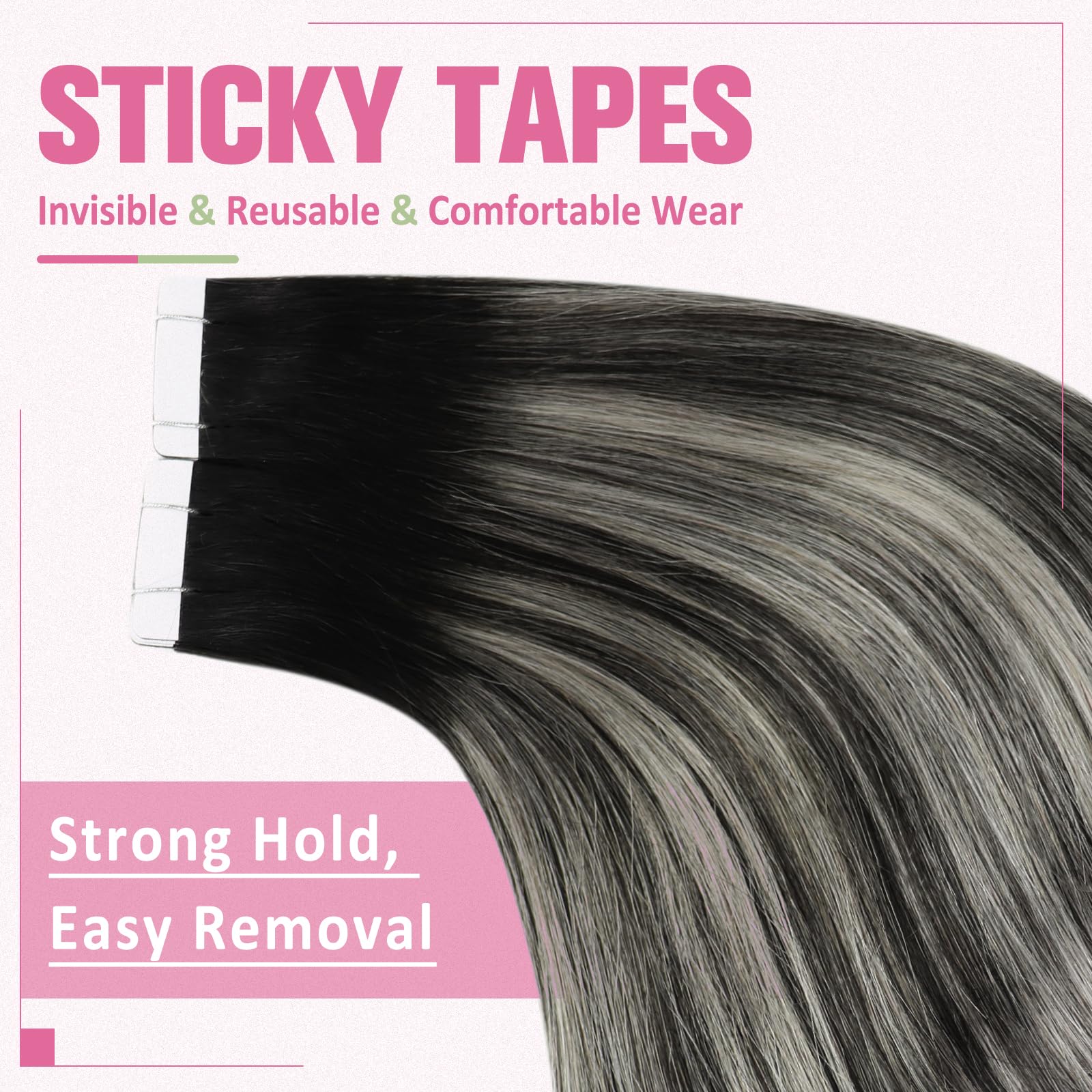 YoungSee Invisible Tape in Hair Extensions Ombre Black Tape in Hair Extensions Human Hair Black Ombre Silver Hair Tape on Hair E