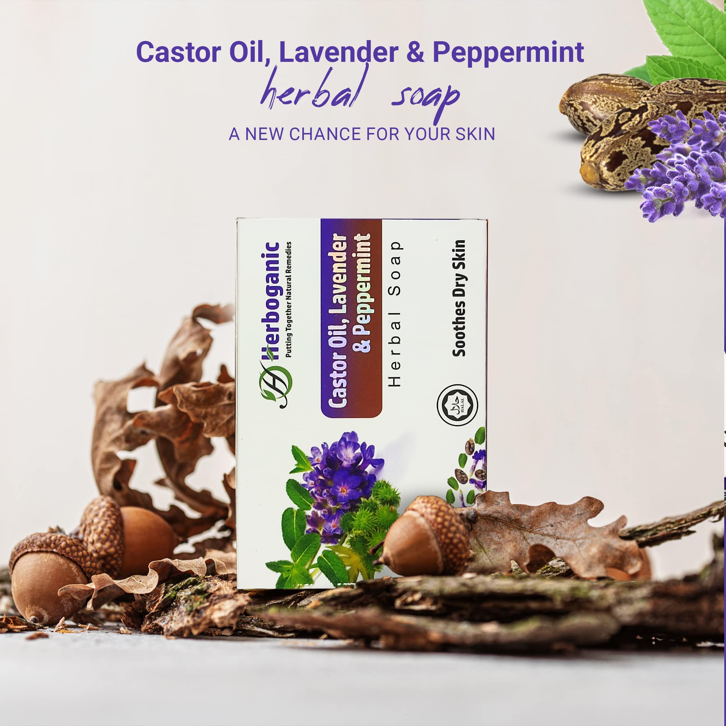 HERBOGANIC Castor Oil, Lavender and Peppermint Herbal Soap | Natural Bar Soap for Face and Body | Soothes Dry Skin | Infused wit