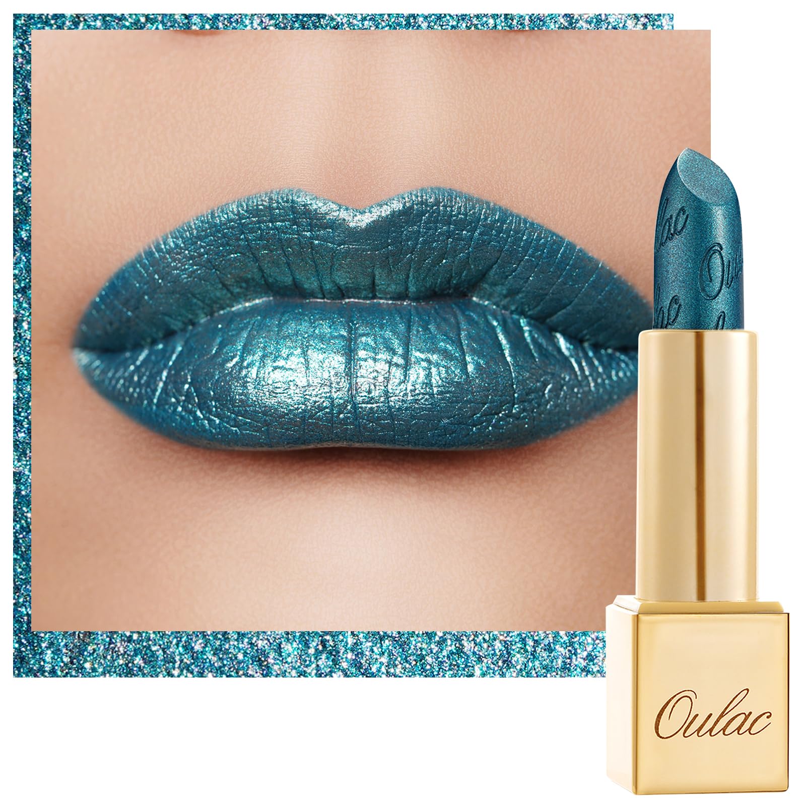 Oulac Green Lipstick for Women with Metallic 3D Shine Lightweight Hydrating Formula, High Impact Lip Color, Vegan Beauty, Full C