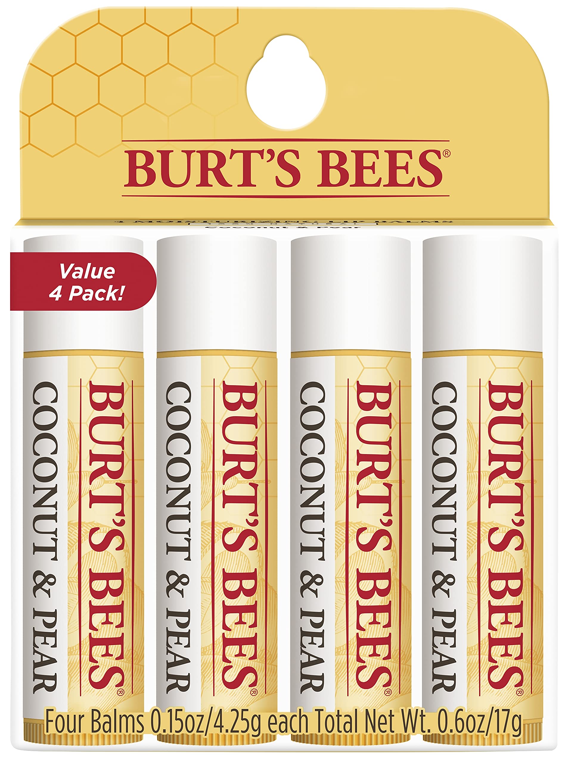 Burt 's Bees 100% Natural Moisturizing Lip Balm, Coconut & Pear with Beeswax & Fruit Extracts, 4 Tubes