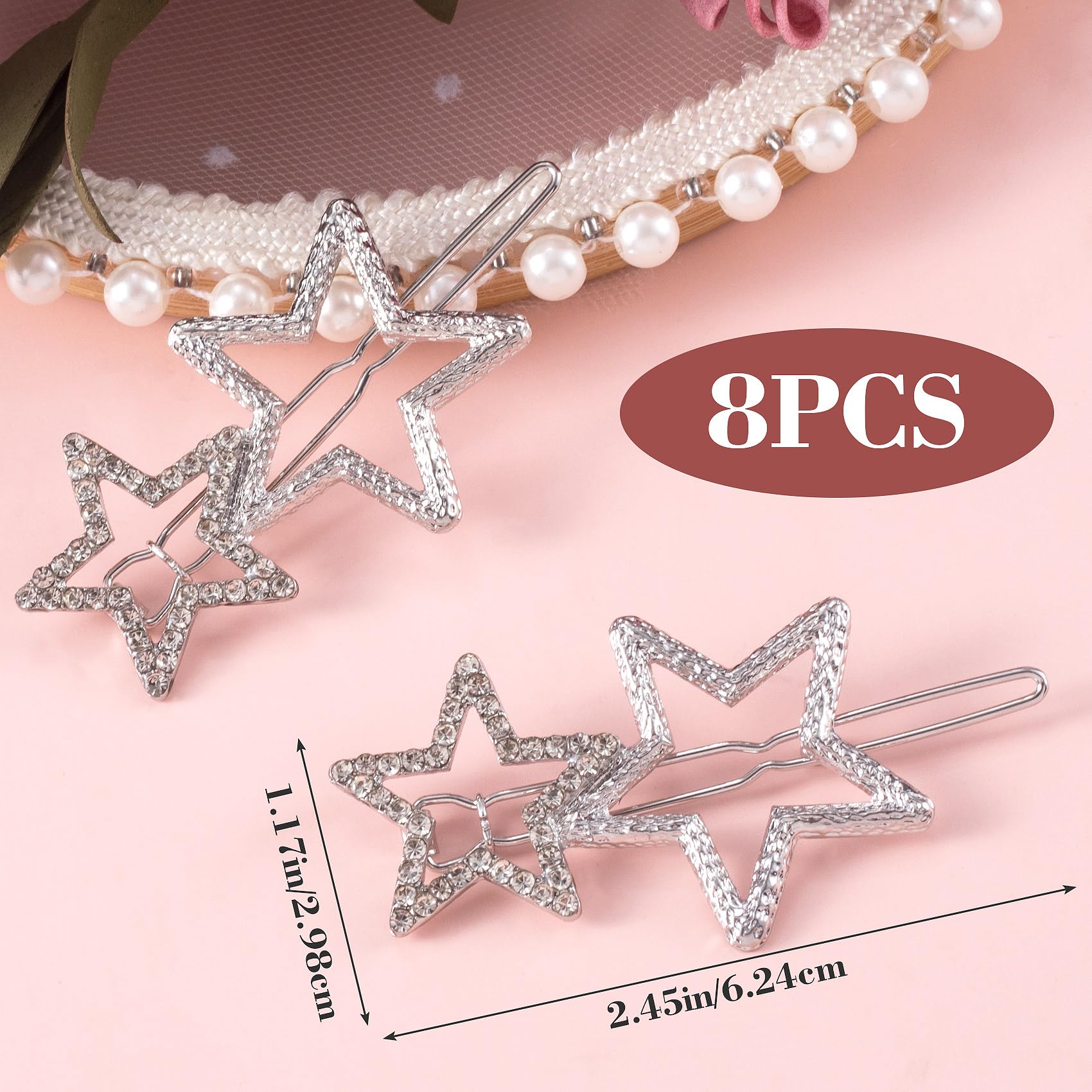 Oiiki Star Hair Clips Pins Silver 8Pcs, Star Hair Barrettes Elegant Metal Hair Clips Rhinestone Hairpin, Hollow Geometric Hair P