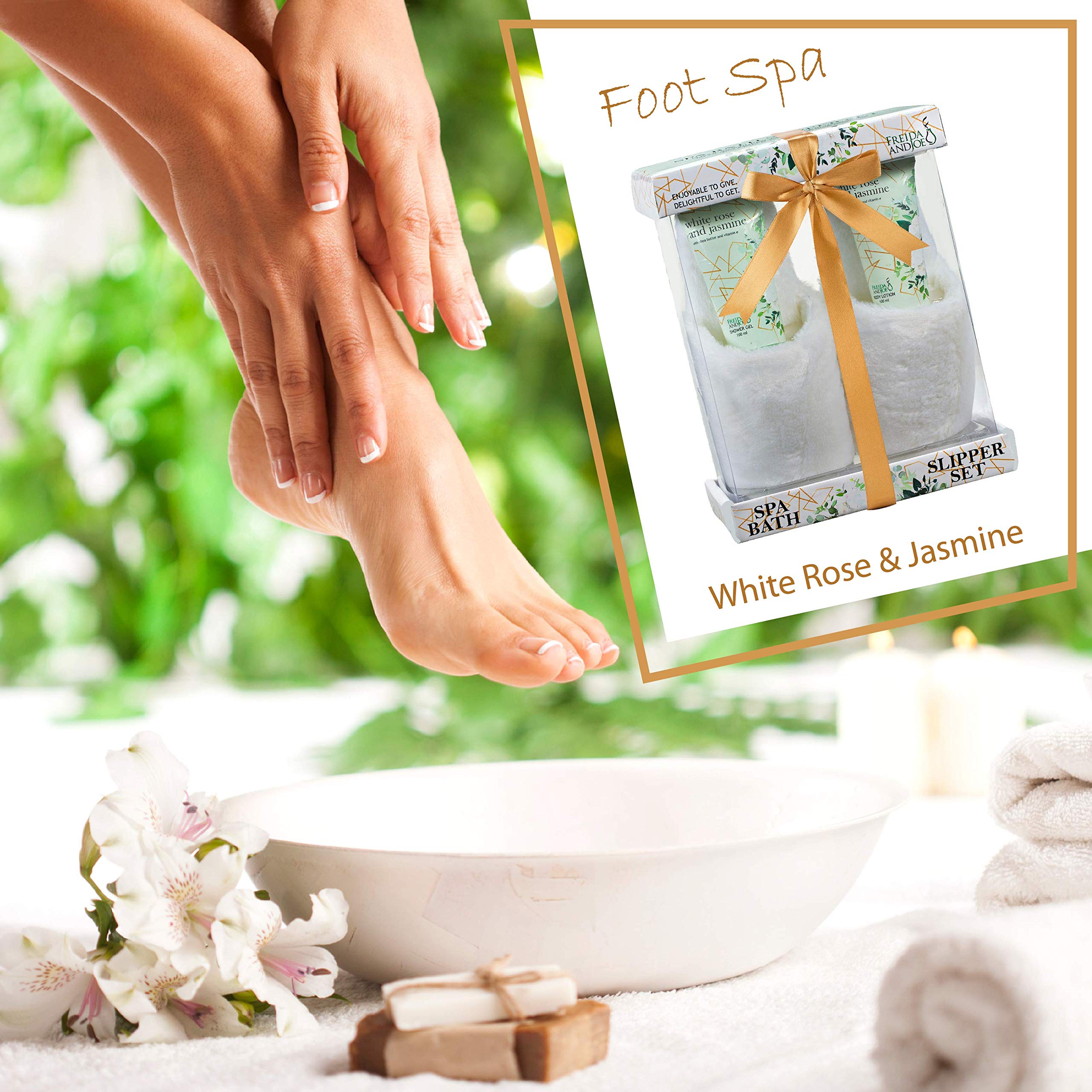 Home Spa Slippers Set Bath Gift Basket - White Rose Jasmine Fragrance - - Contains Body Lotion And Shower Gel, Plush Cozy Close