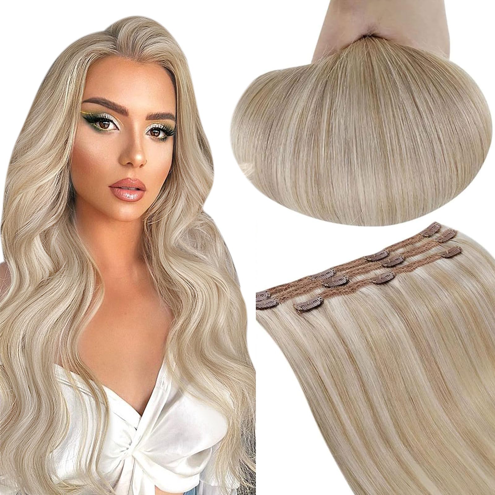 RUNATURE Clip in Human Hair Extensions Ash Blonde Highlights Clip in Hair Extensions 16 Inch 50g Straight Clip in Hair Extension