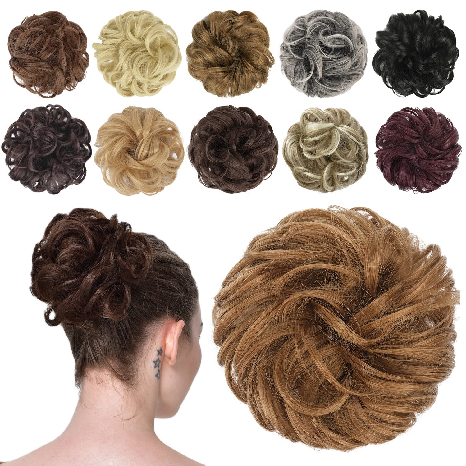 Feshfen Messy Bun Hair Piece - Elastic Wavy Curly Hair Bun Scrunchies Extensions Synthetic Chignon Hairpieces For Women Girls, S