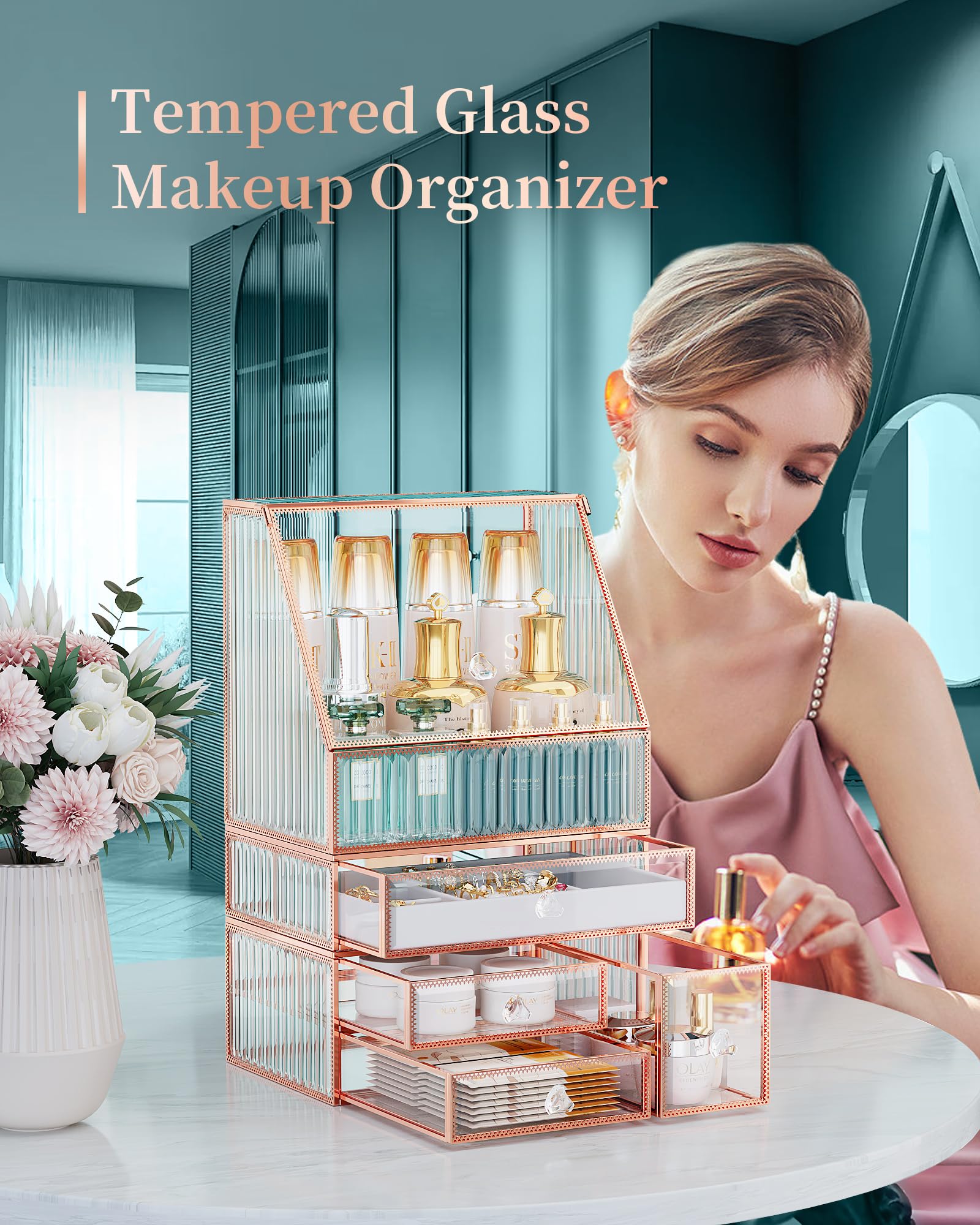 Youdepot Makeup Organizer Countertop Cosmetic Organizer Tempered Glass Multi-Functional 5-In-1 Cosmetic Display Cases, Stackable