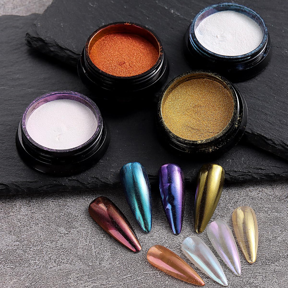 10Pcs Chrome Nail Powder Set, Holographic Unicorn Laser Nail Powder, Aurora Mermaid Iridescent Chameleon Mirror Effect Pigment G