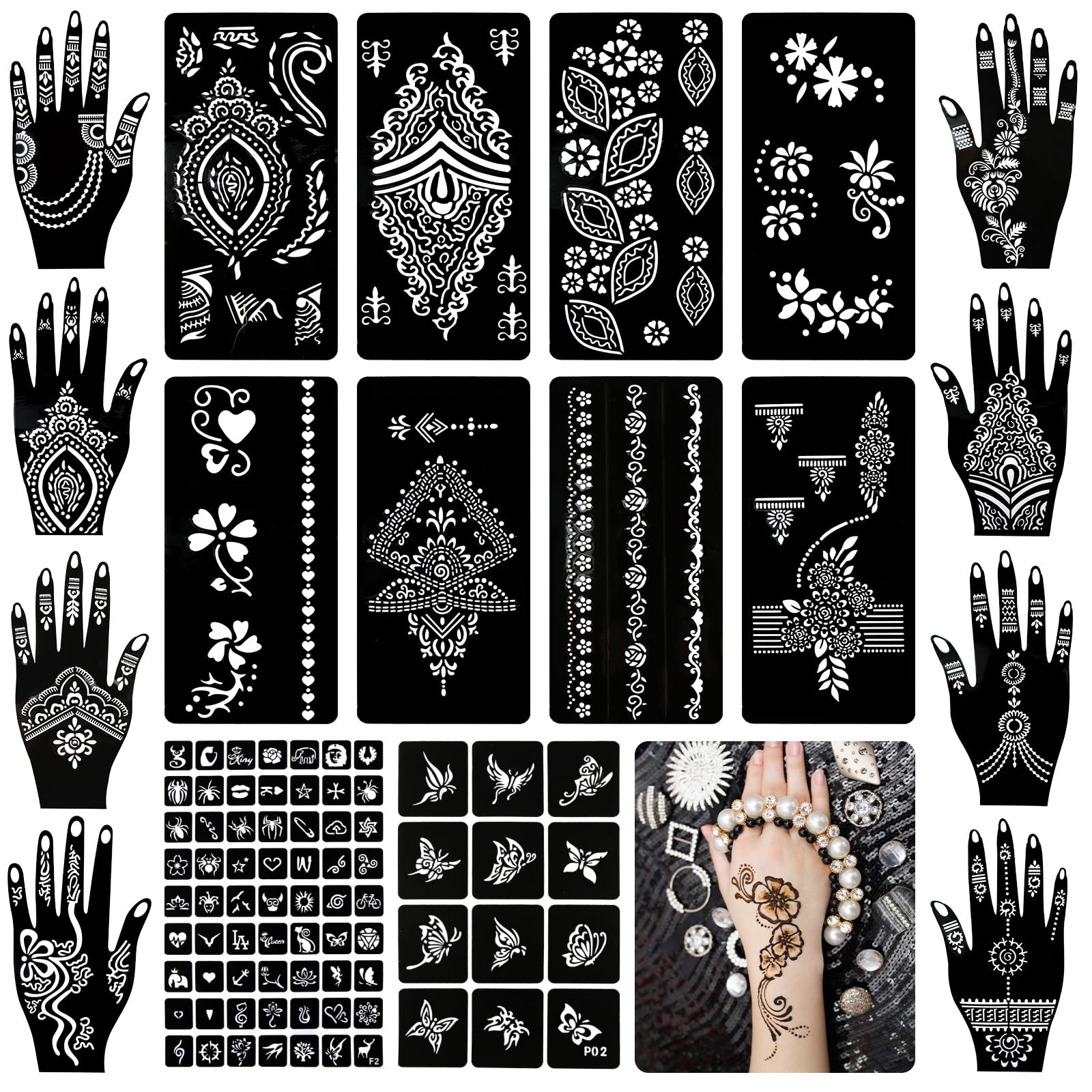 Koogel 18 Sheets Henna Tattoo Stencils, Temporary Flower Patterns Glitter Airbrush Tattoo Kits Arabian Stickers for Women and Gi