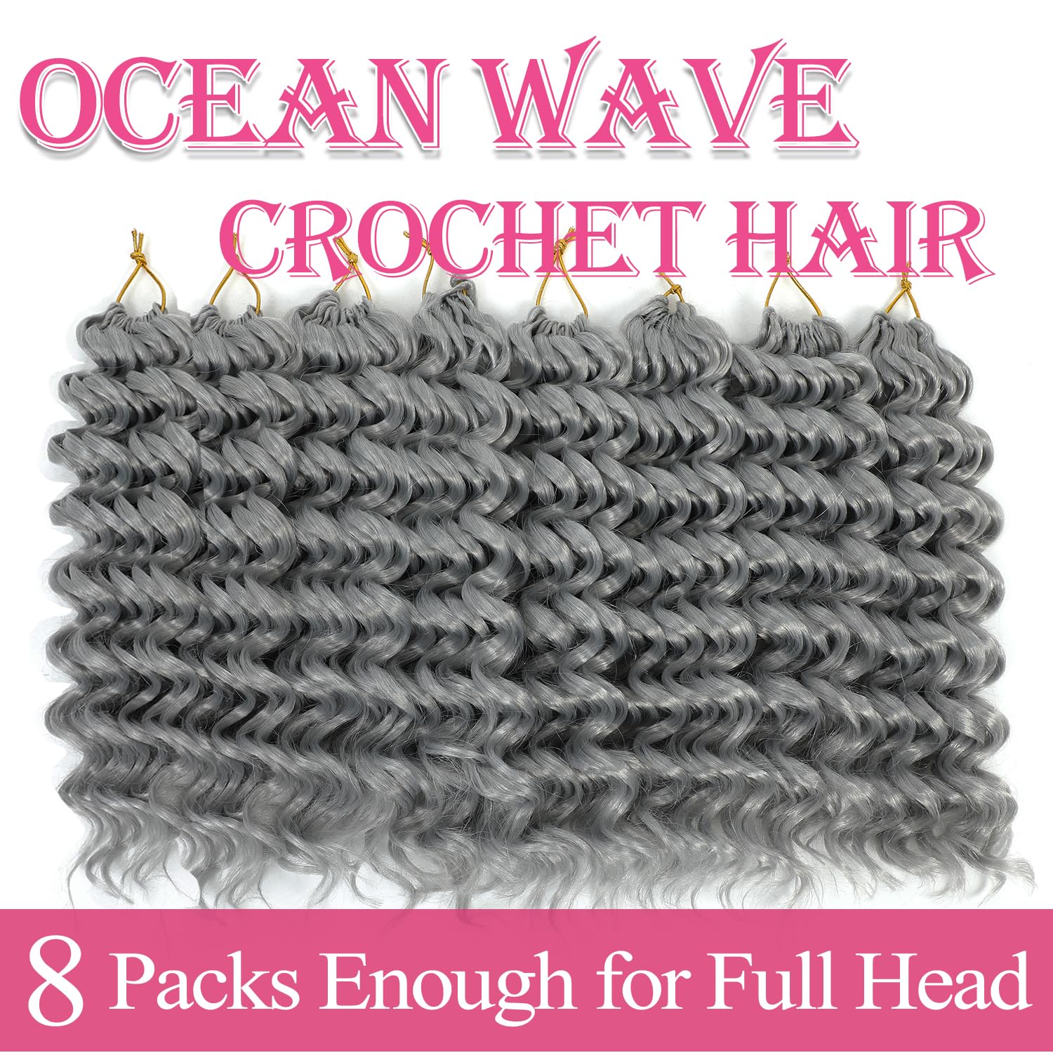 Ocean Wave Crochet Hair 12 Inch 8 Packs Deep Wave Crochet Hair Synthetic Curly Crochet Braiding Hair (12 Inch, 8 Packs, Grey)