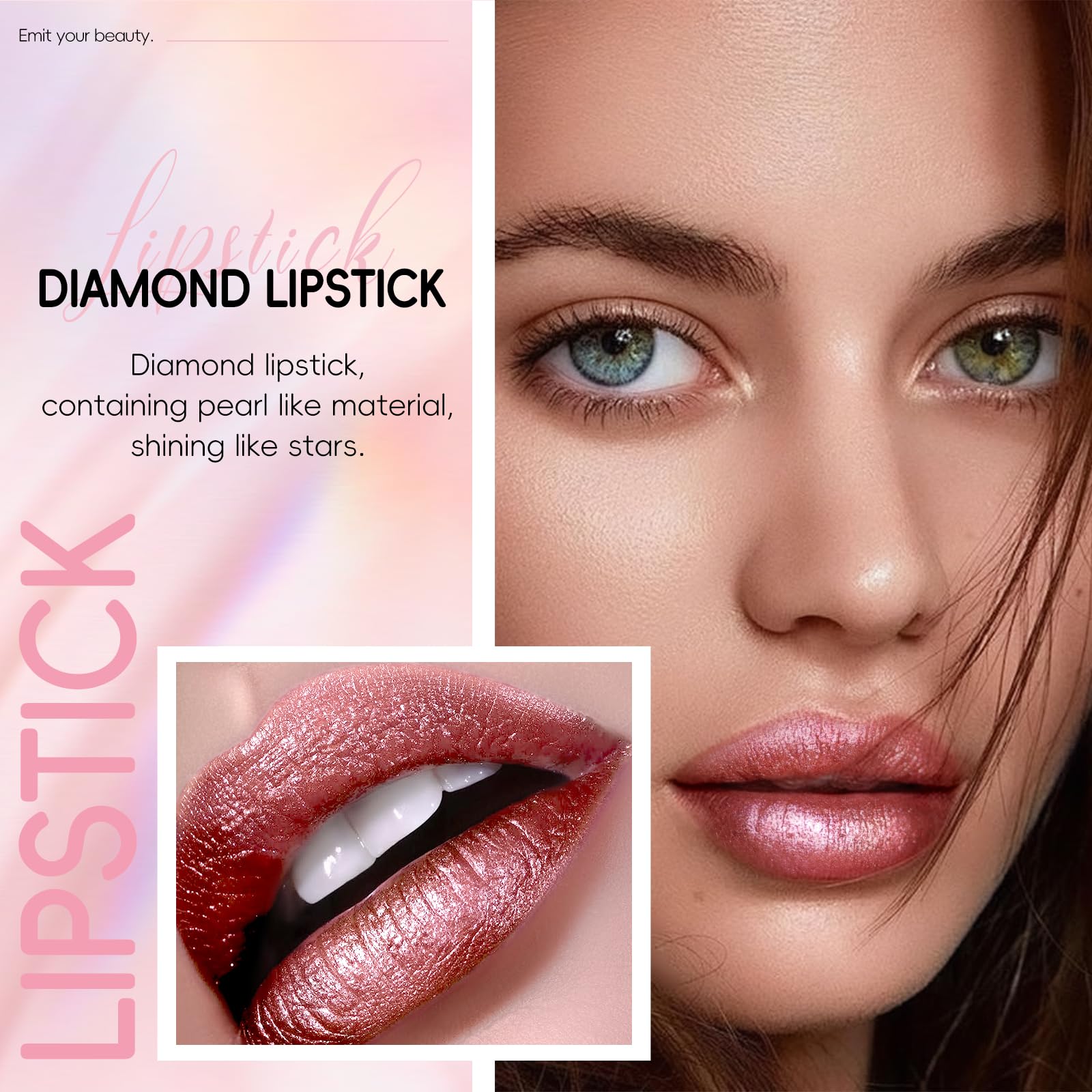 Hosaily Metallic Glitter Rose Red Lipstick For Women, Long Lasting High Shine Diamond Creamy Lipstick Transfer Proof, Shimmer Hi