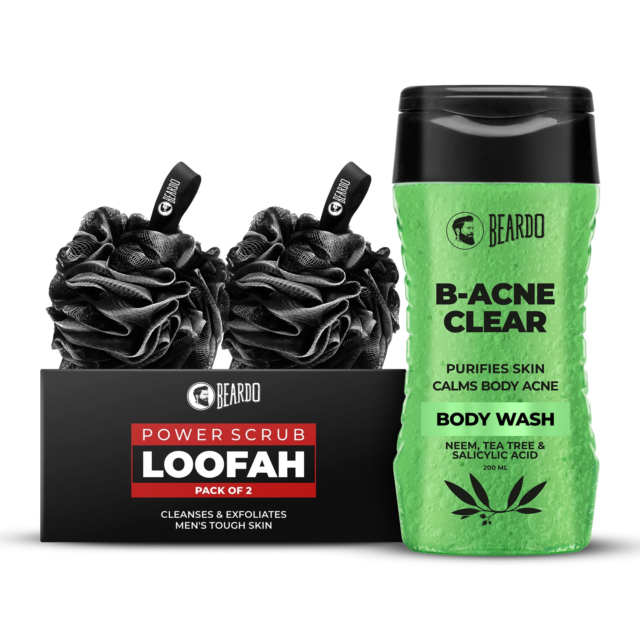 Beardo B-Acne Clear Body Wash 200Ml & Power Scrub Loofah Pack Of 2 (Set Of 2) | Acne-Fighting Body Wash With Neem, Tea Tree And 