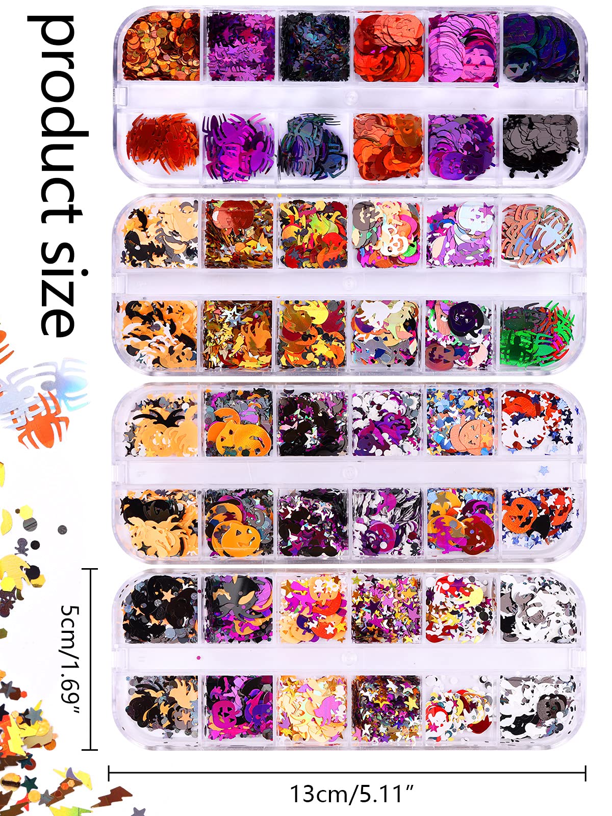 Ebanku 4 Boxes Halloween Nail Art Glitter Sequins, Holographic Skull Spider Pumpkin Bat Ghost Witch Glitter Flakes, 3D Halloween