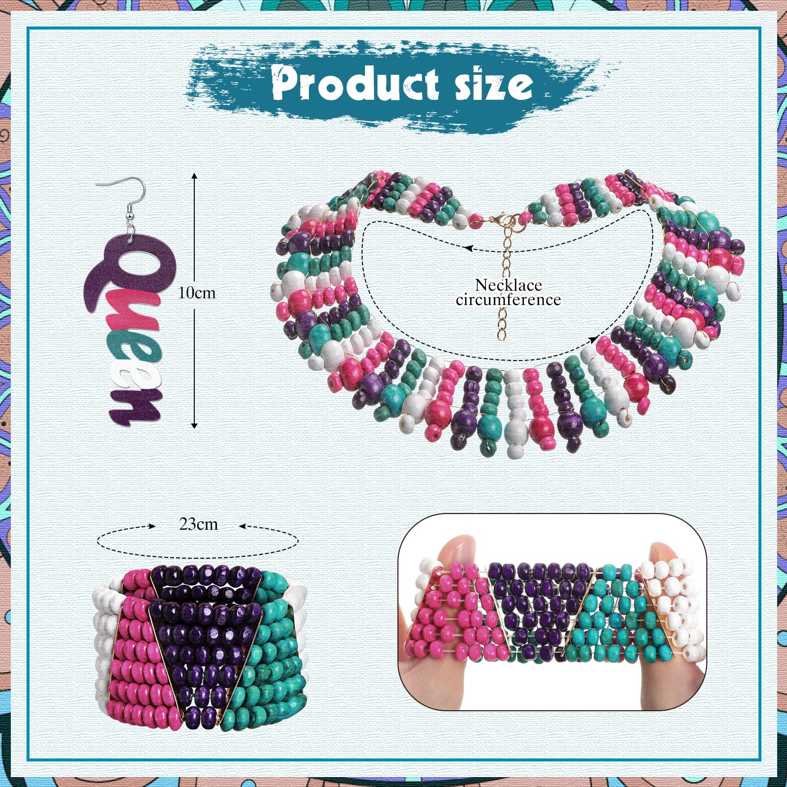 Yinkin 5 Pcs Jamaica Women's African Headband Jewelry Earrings Multicolor Beaded Jamaican Bracelet Headwraps Set Beaded Set Stre