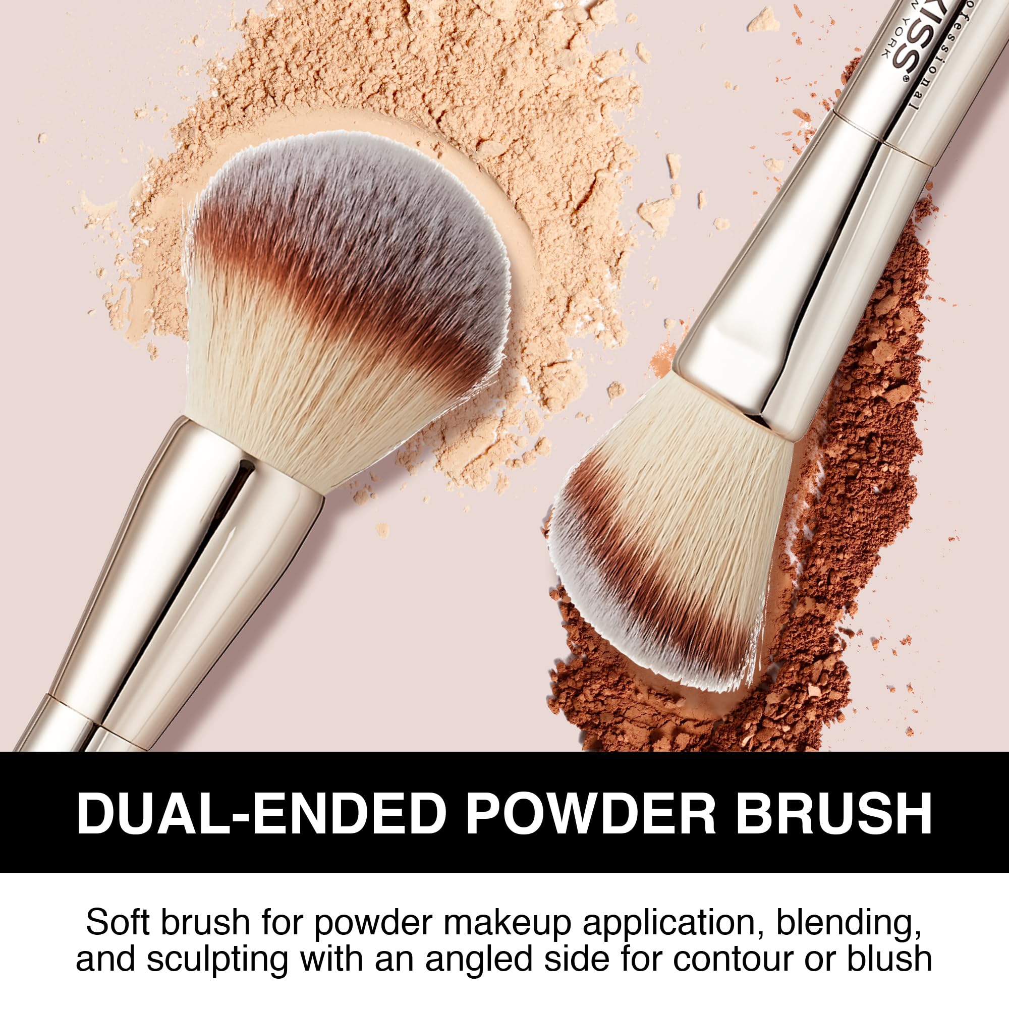 Kiss New York Professional Dual Ended Powder Brush, All Over Face Application, Easy Sculped Look With Angled Powder Brush For Bl