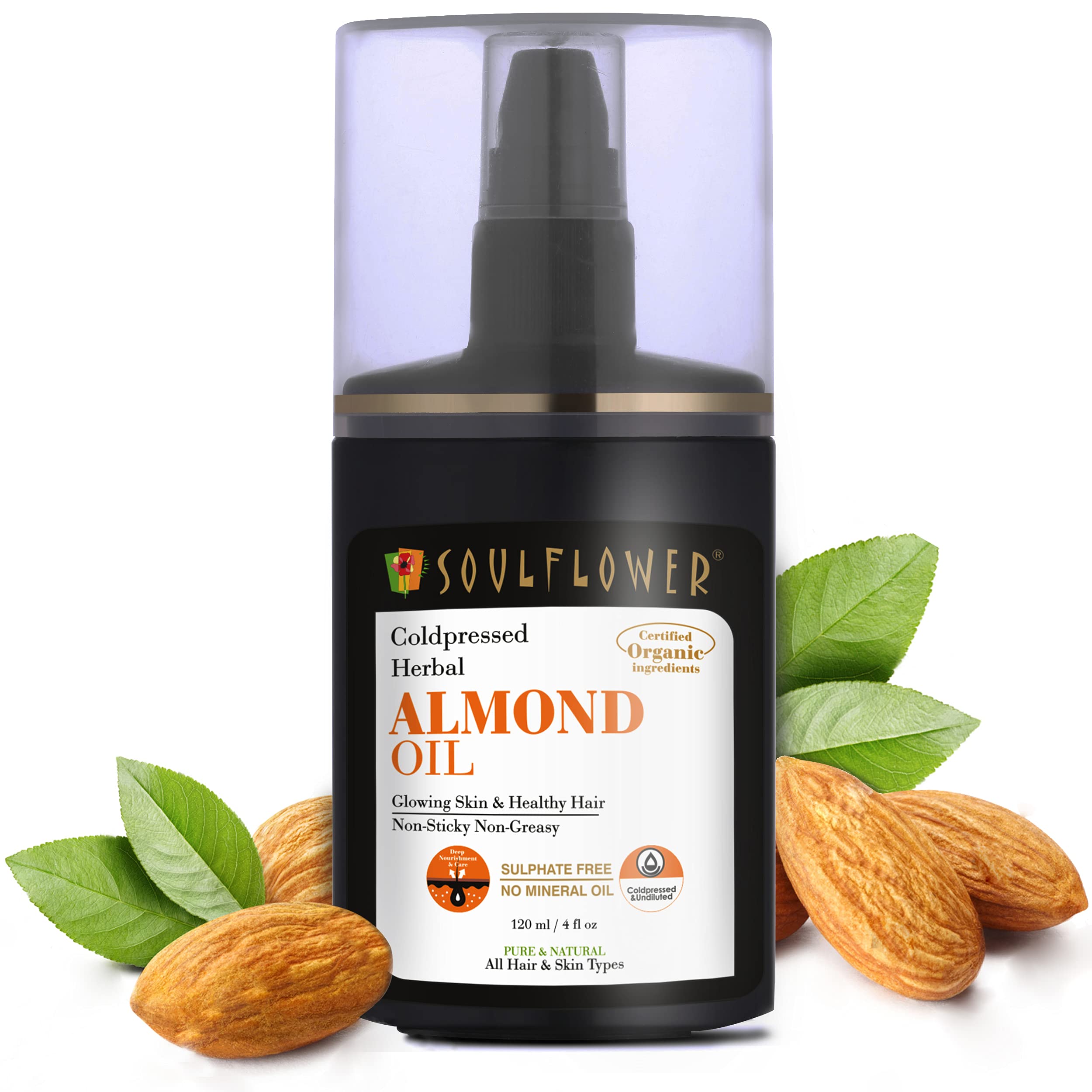 Soulflower Almond Hair Oil (Badam Tail) With Vitamin E, H For Hair Growth, Massage And Nourishment, Glowing Face And Skin 100% P
