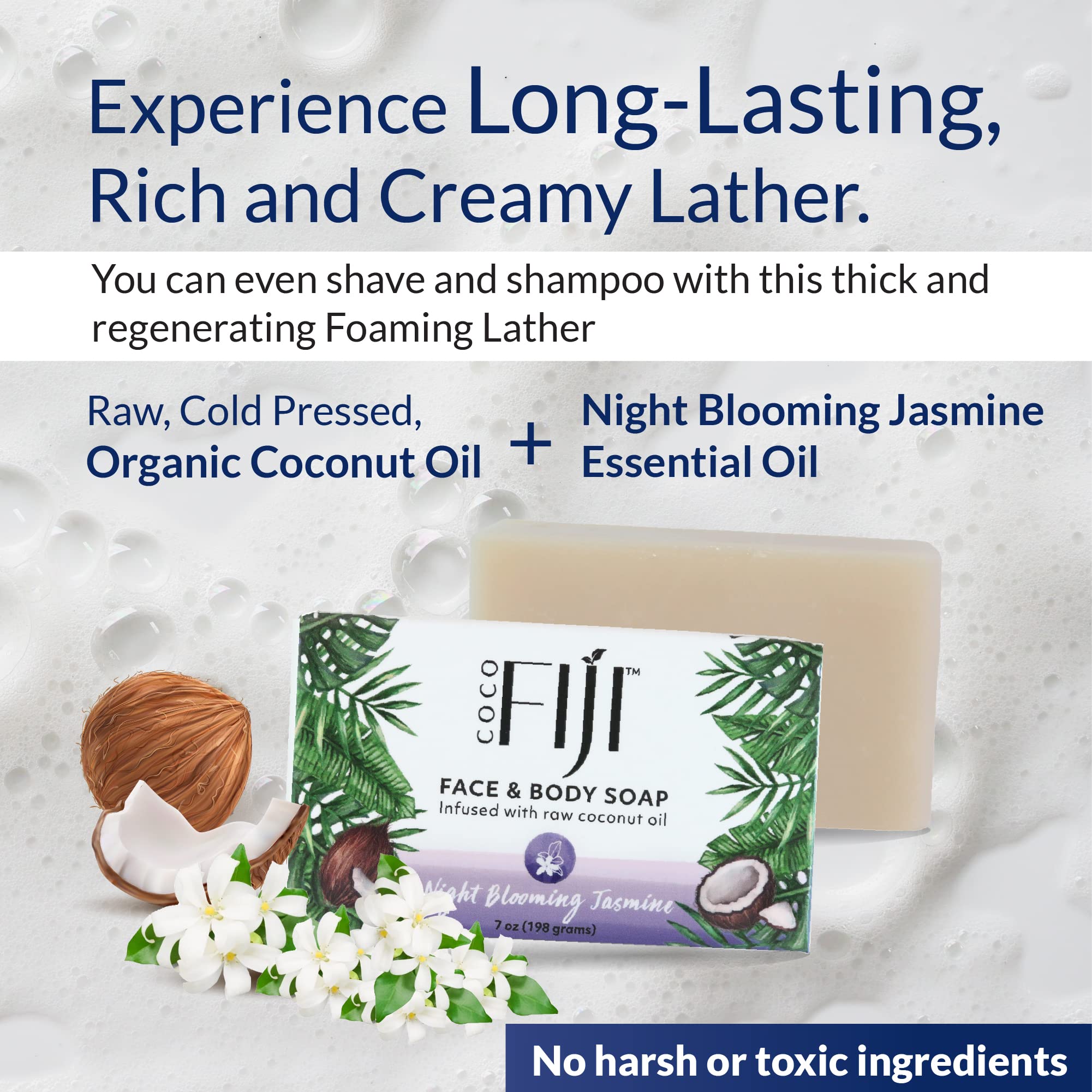 Coco Fiji Soap Bar for Face and Body Infused With Organic Coconut Oil, Night Blooming Jasmine Essential Oil, Natural Soap for Mo