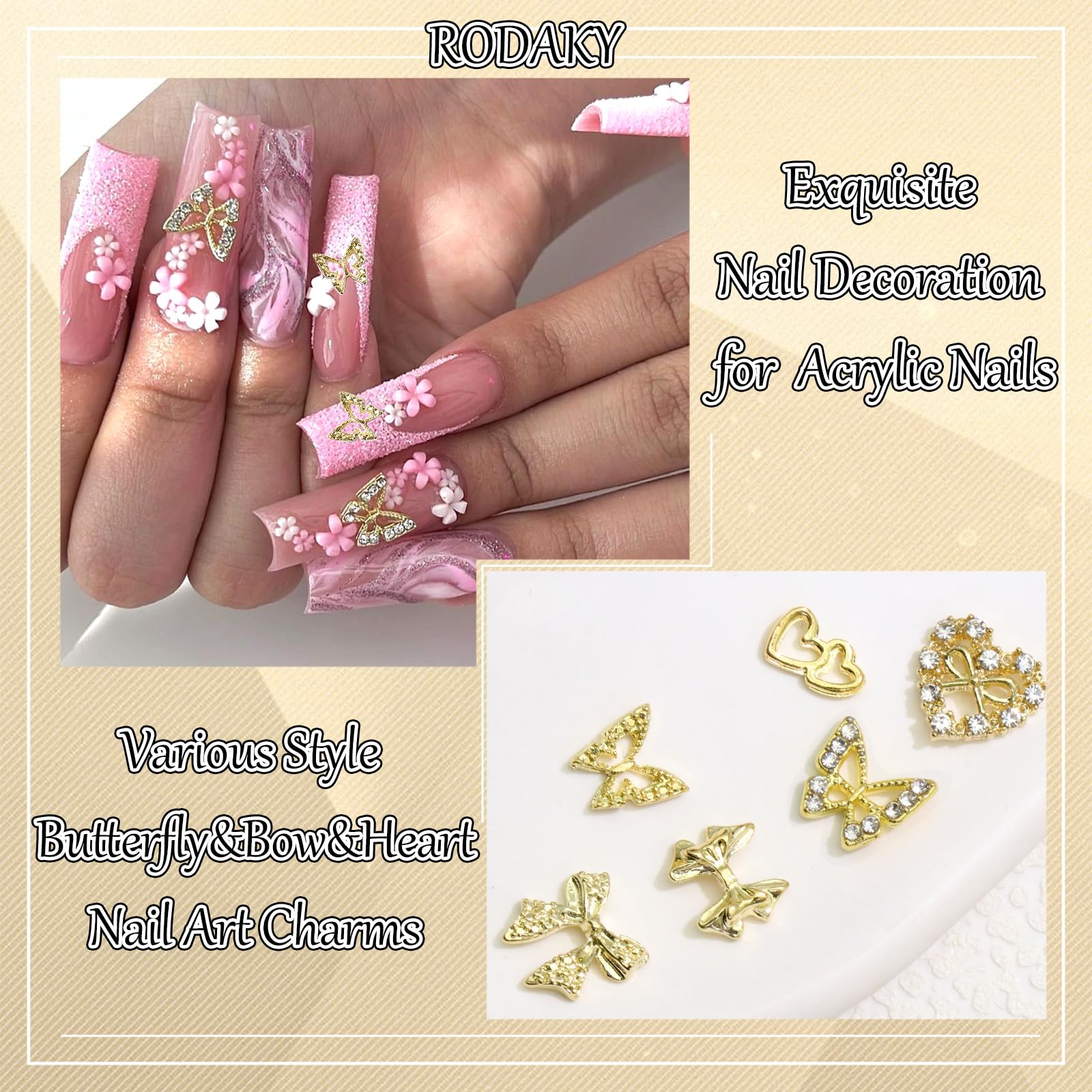 Rodaky 44Pcs Gold Nail Charms 3D Bow Butterfly Charms For Nails Metal Heart Nail Gems Multi Style Luxury Nails Decoration For Ma
