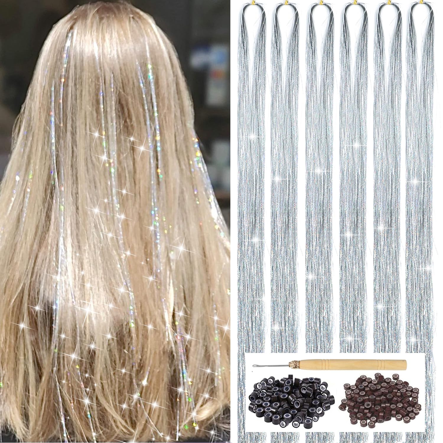Silver Hair Tinsel Kit with Tool 6pcs 1200 Strands Glitter Tinsel Hair Extensions Heat Resistant Sparkling Shiny Fairy Hair Acce