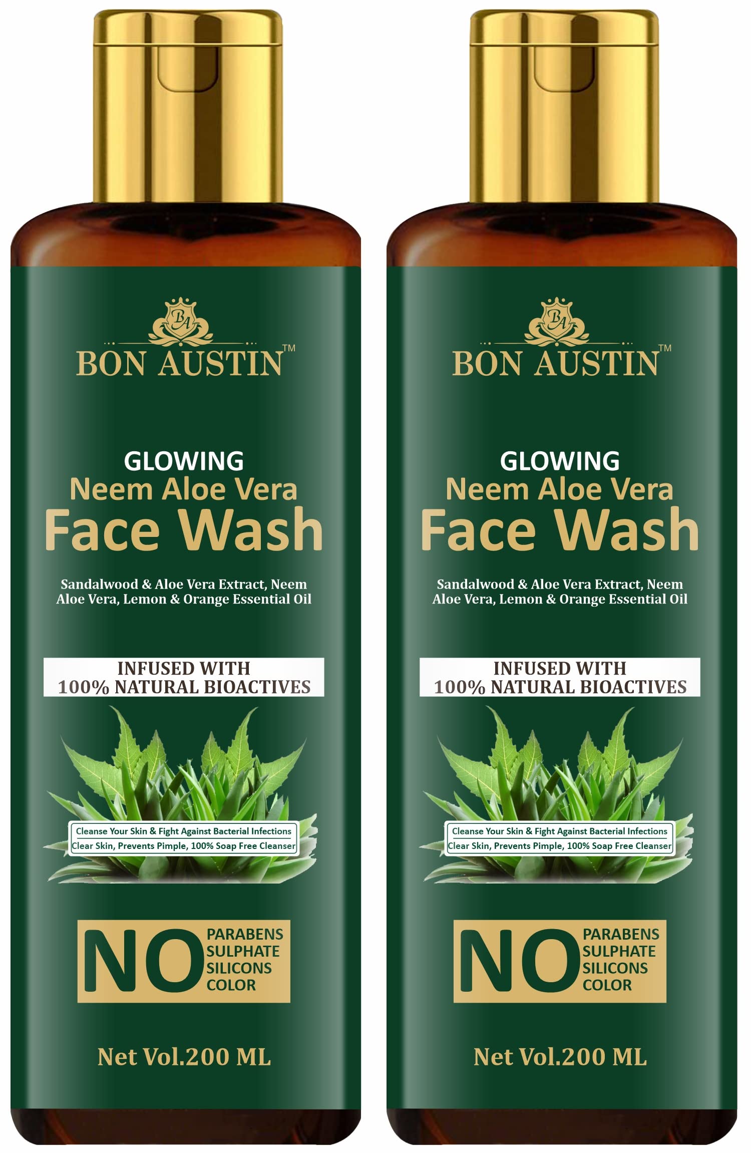Bon Austin Neem Aloevera Purifying Face Wash For Prevents Pimple, Oil Free Skin & Make Skin Soft  Pack Of 2 Of 200 Ml