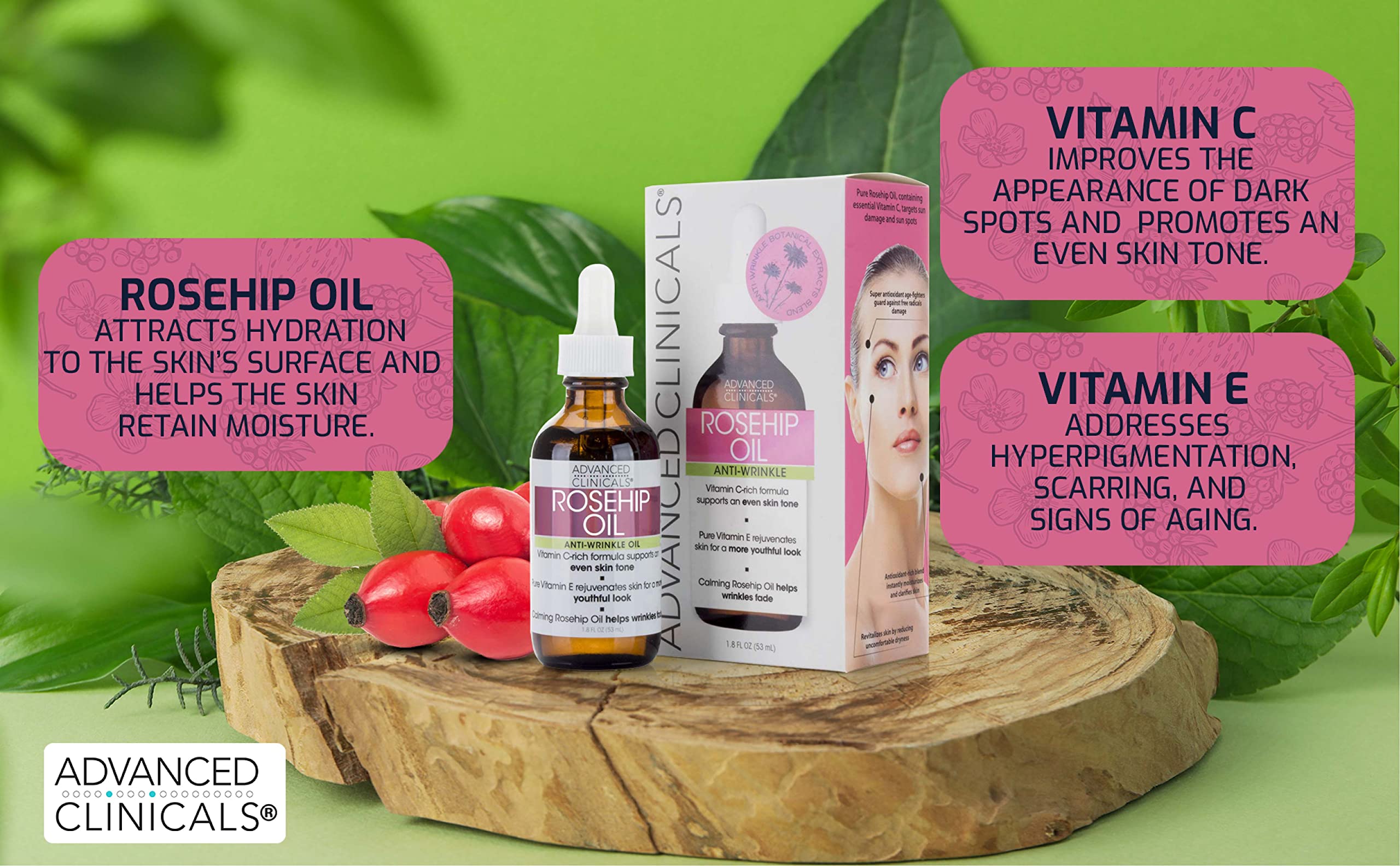 Advanced Clinicals Rosehip Oil For Face | Anti Wrinkle Facial Skin Care Serum | Vitamin C Serum Moisturizer Face Oil W/Vitamin E