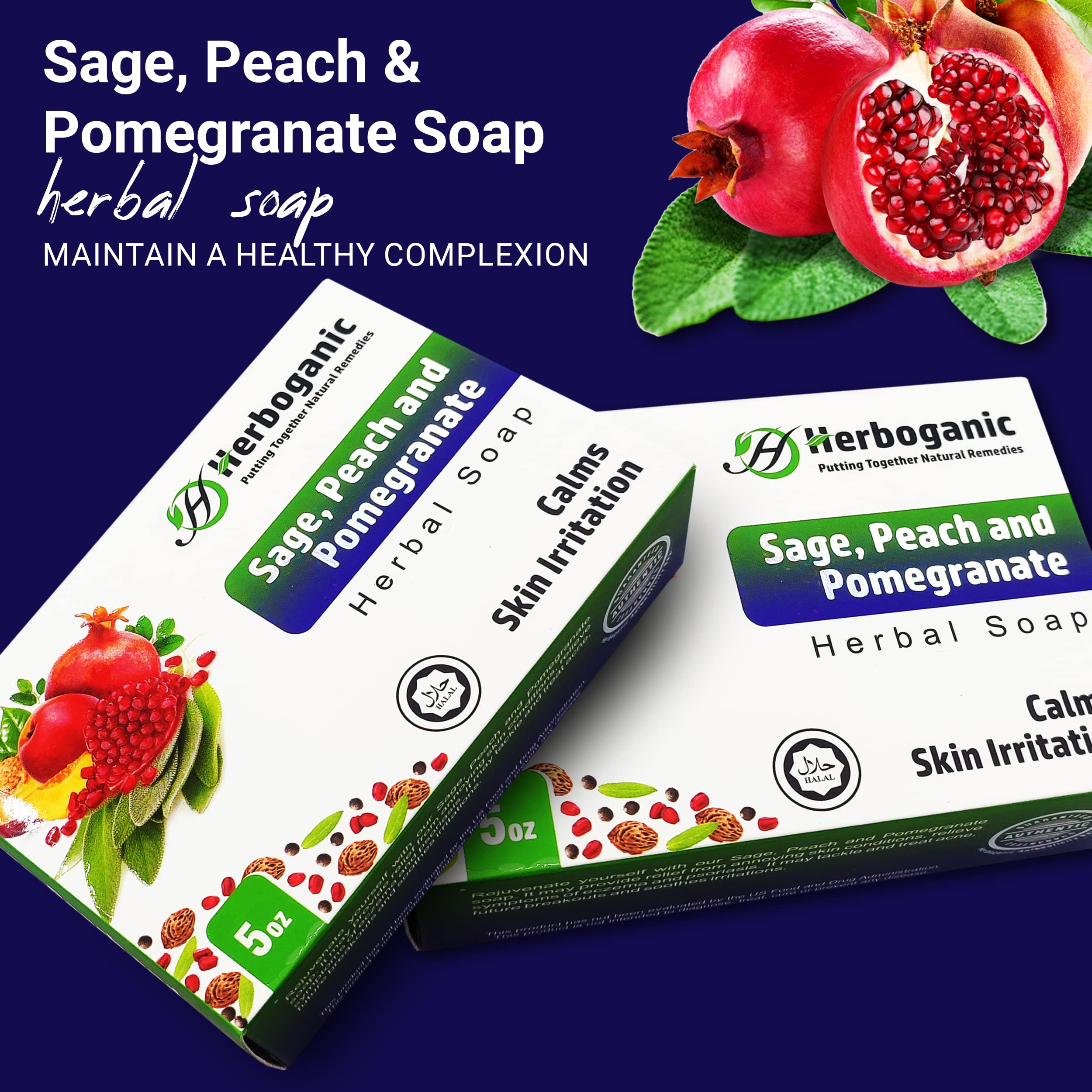 HERBOGANIC Sage, Peach and Pomegranate Herbal Soap | Pack of 3 of 5oz soap Bar | Natural Bar Soap for Face and Body | Hydrating