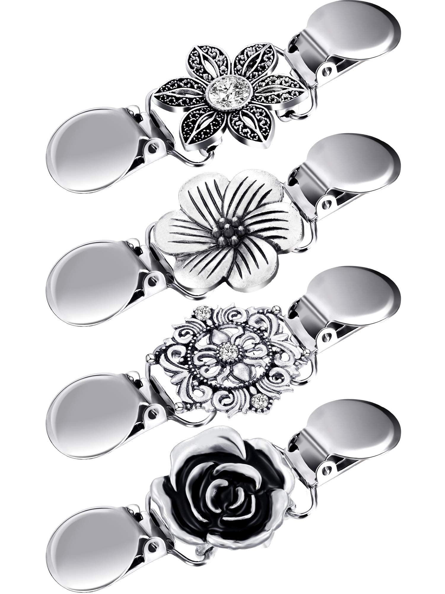 4 Pieces Vintage Sweater Shawl Clips Retro Cardigan Collar Dress Shirt Brooch Clips for Women Wearing, 4 Styles(Flower Style)
