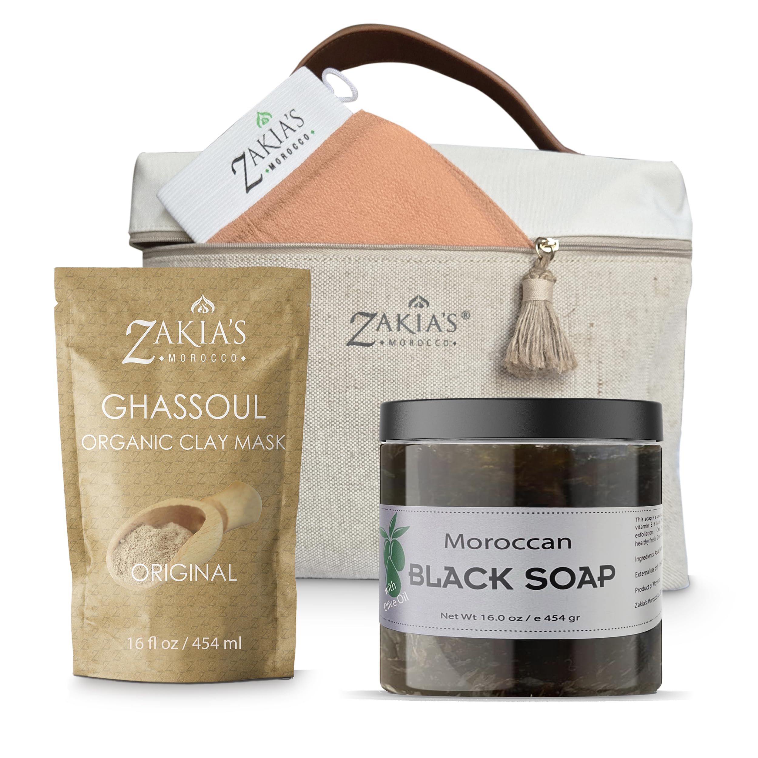 Zakias Ultimate Moroccan Bath & Shower Set  100% natural Moroccan Beldi Black Soap (Original Formula), Body Scrub, Pure &