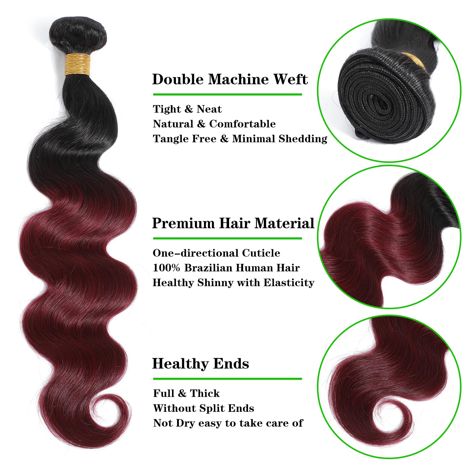 Kapelli Hair 10A Ombre Brazilian Hair Body Wave (T1B/99J,16'' 18'' 20'') Ombre Human Hair 3 Bundles Ombre Brazilian Human Hair V
