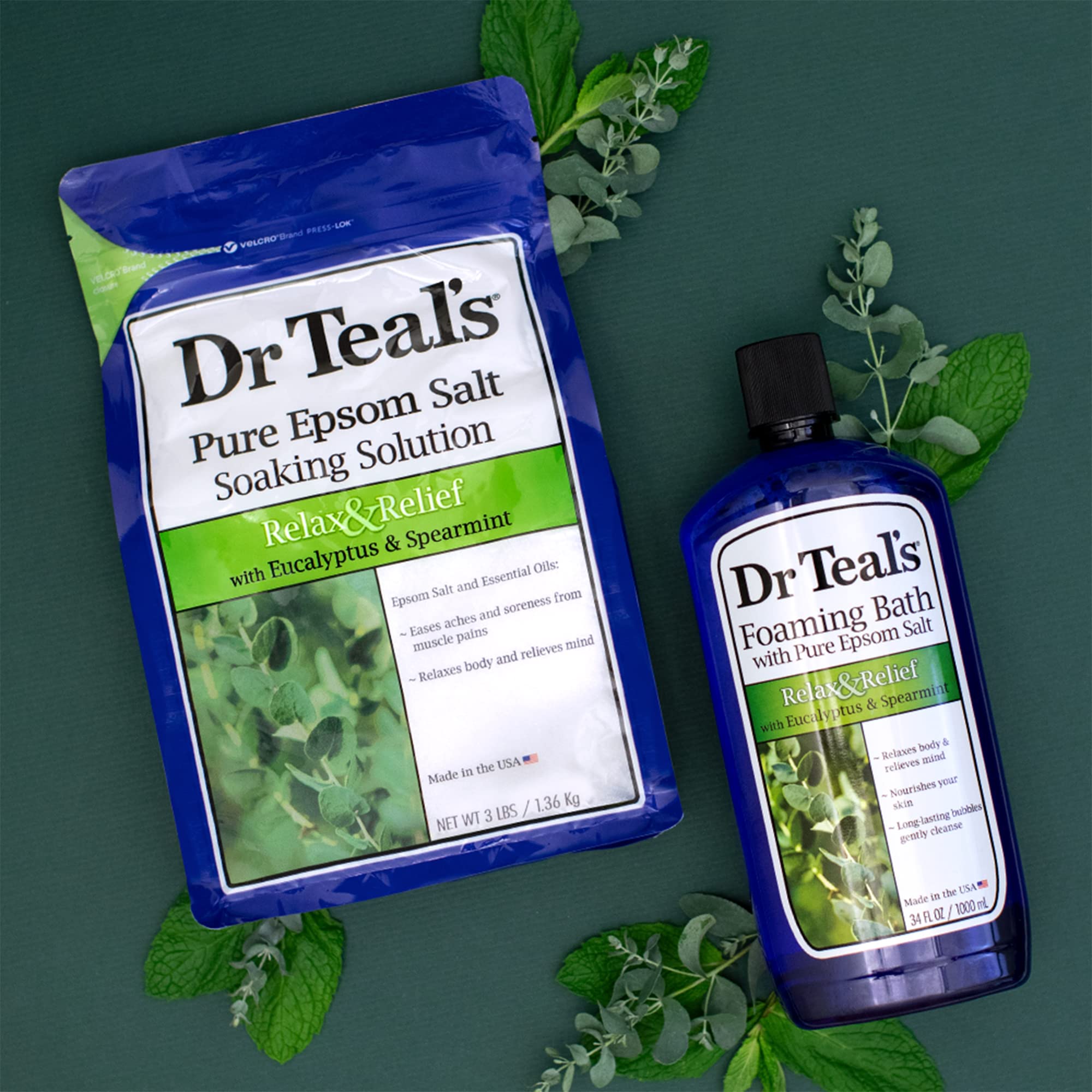 Dr Teals Epsom Salt Soaking Solution And Foaming Bath With Pure Epsom Salt, Eucalyptus 3 Pound Bags, And 34 Ounce Bottle (Packag
