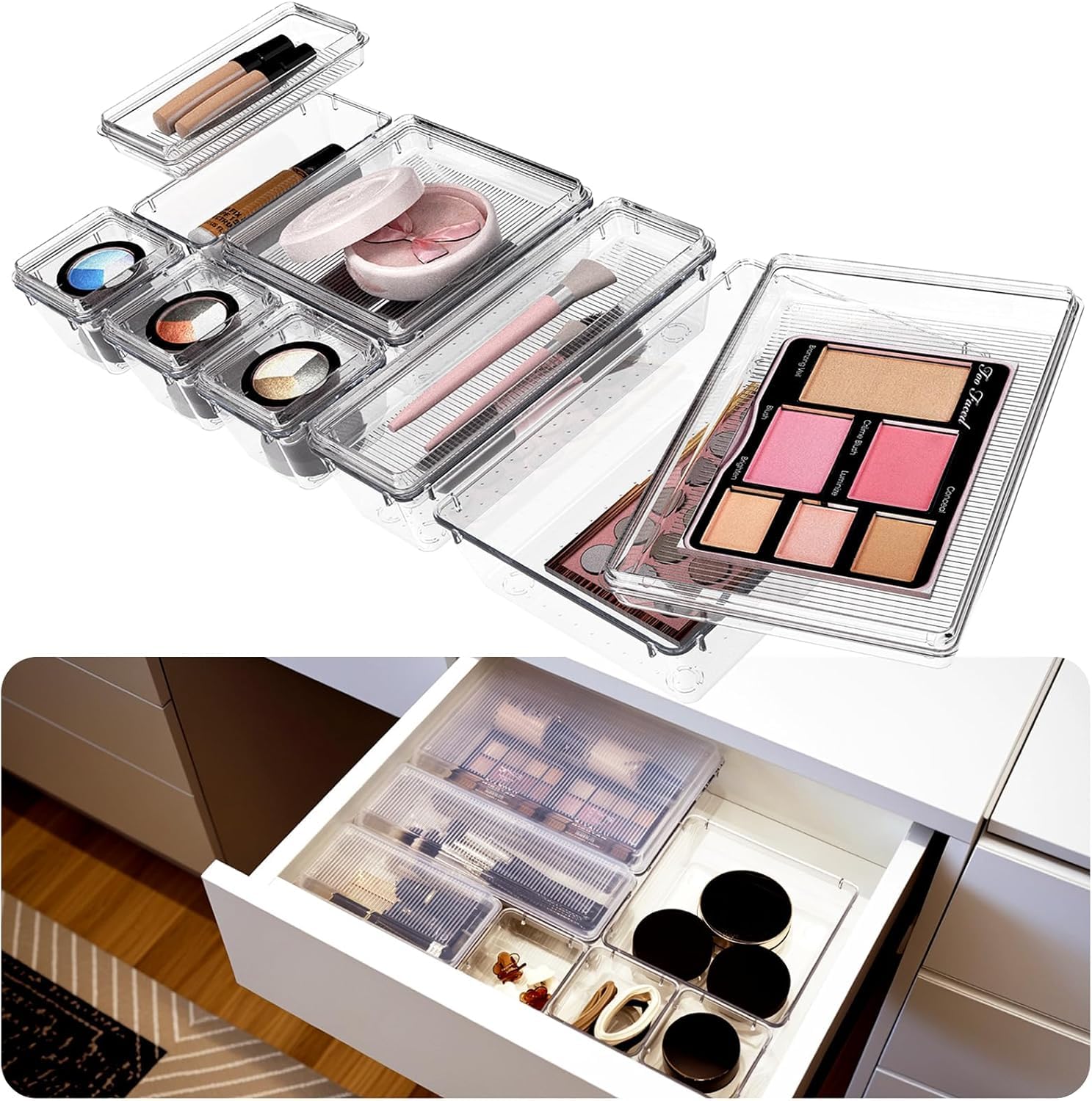 Flybok 14 Pcs Drawer Organizer for Makeup/Office Supplies/Vanity/Desk Drawer Organizers, Acrylic Organizers, Shallow Drawer Orga