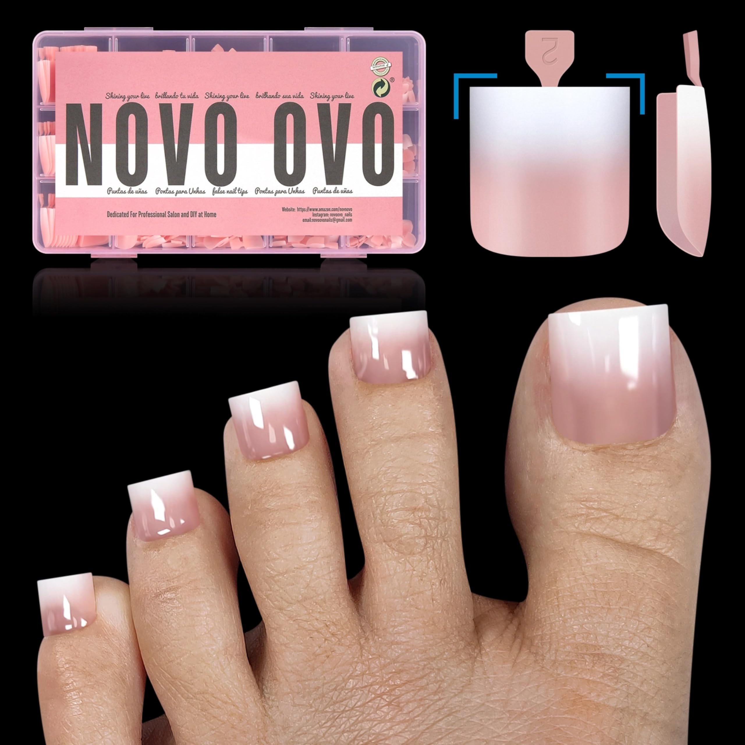 NOVO OVO Ombre French Tip Press on Toe Nail Tips, Sharp Square Pre-Designed Soft Gel False Toenail Extension, BABY PINK Pre-appl