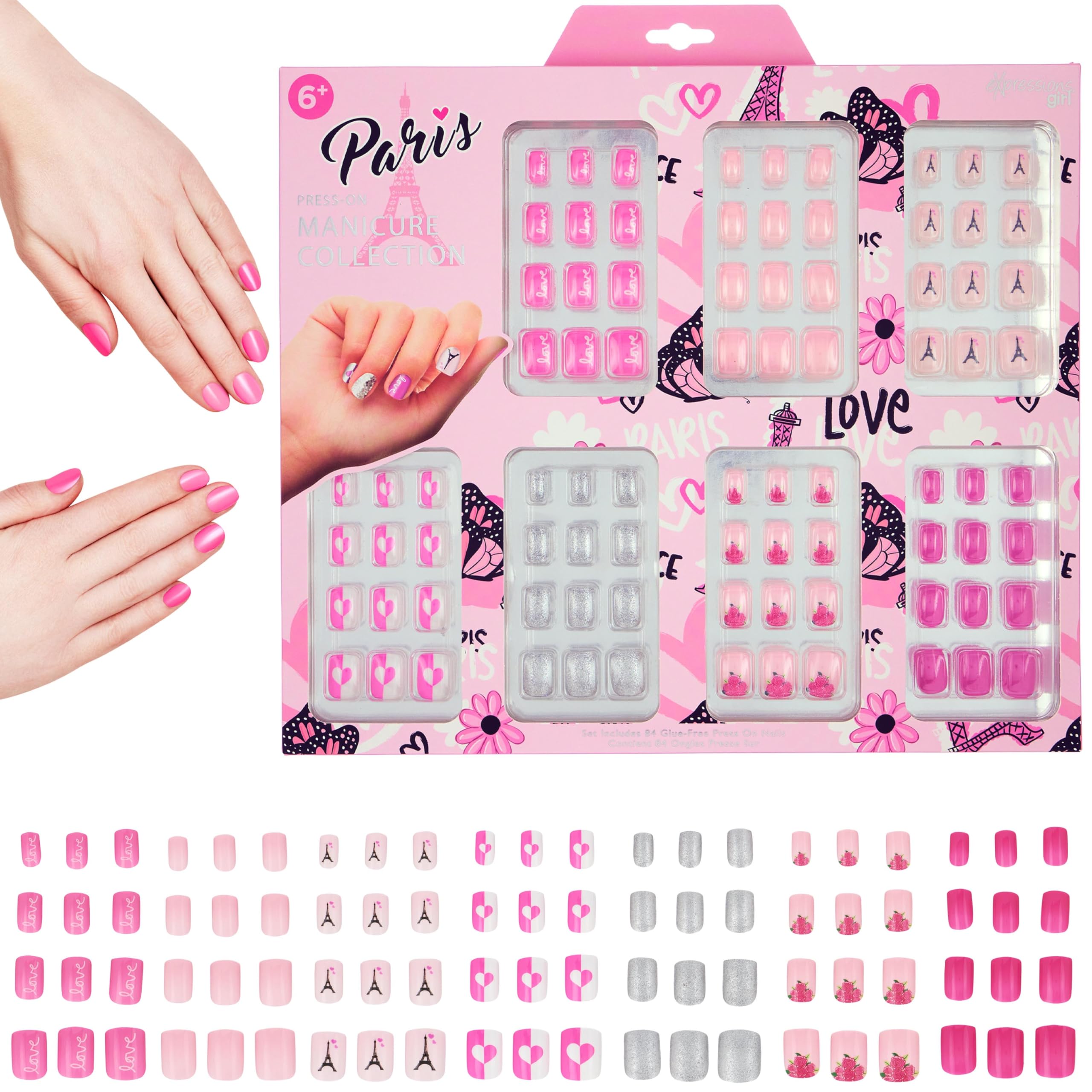Expressions 7 Day Manicure Collection - 84PC Press On Nail Set, Day-Of-The-Week Adhesive False Nails for Girls (PARIS LOVE Colle