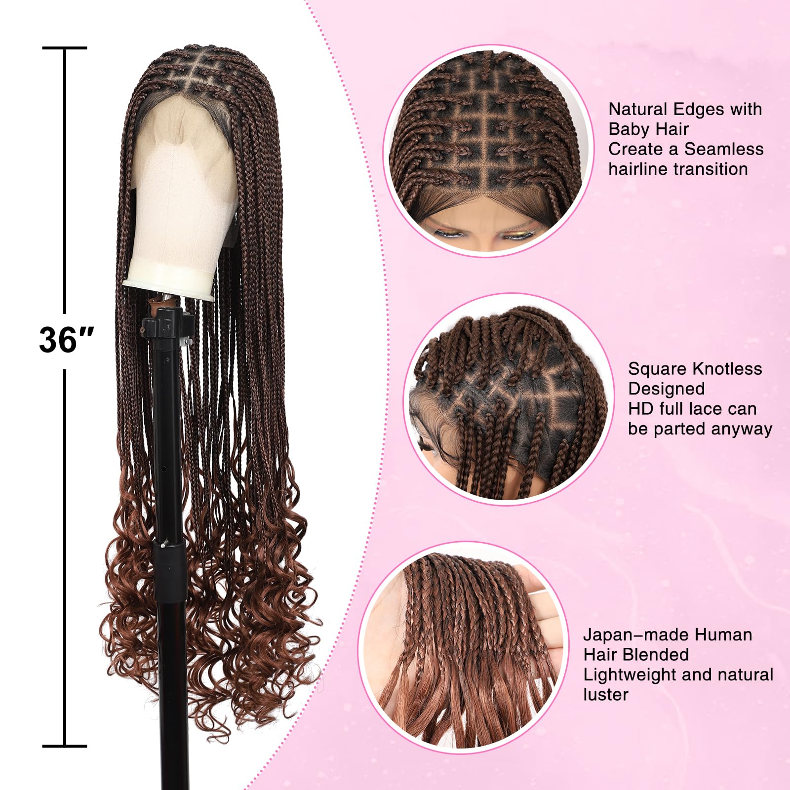 Kalyss Full Double Lace Front Knotless Braided Wigs For Women Box Braided Wig With Curly Ends Human Hair Blended Long Brown Brai