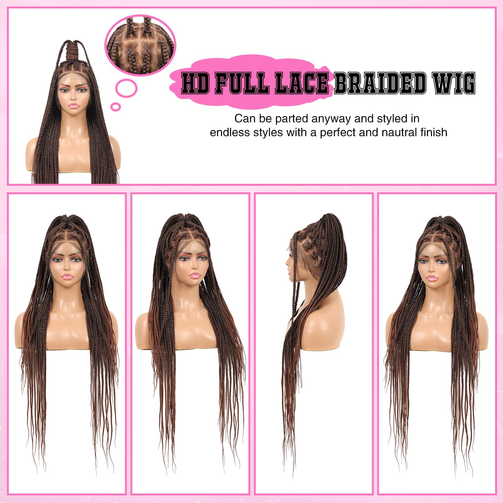 Kalyss 360 Full Lace Front Braided Wig With Baby Hair Box Braided Wigs Square Knotless Braided Wig Brown 36'' Hd Full Lace Braid