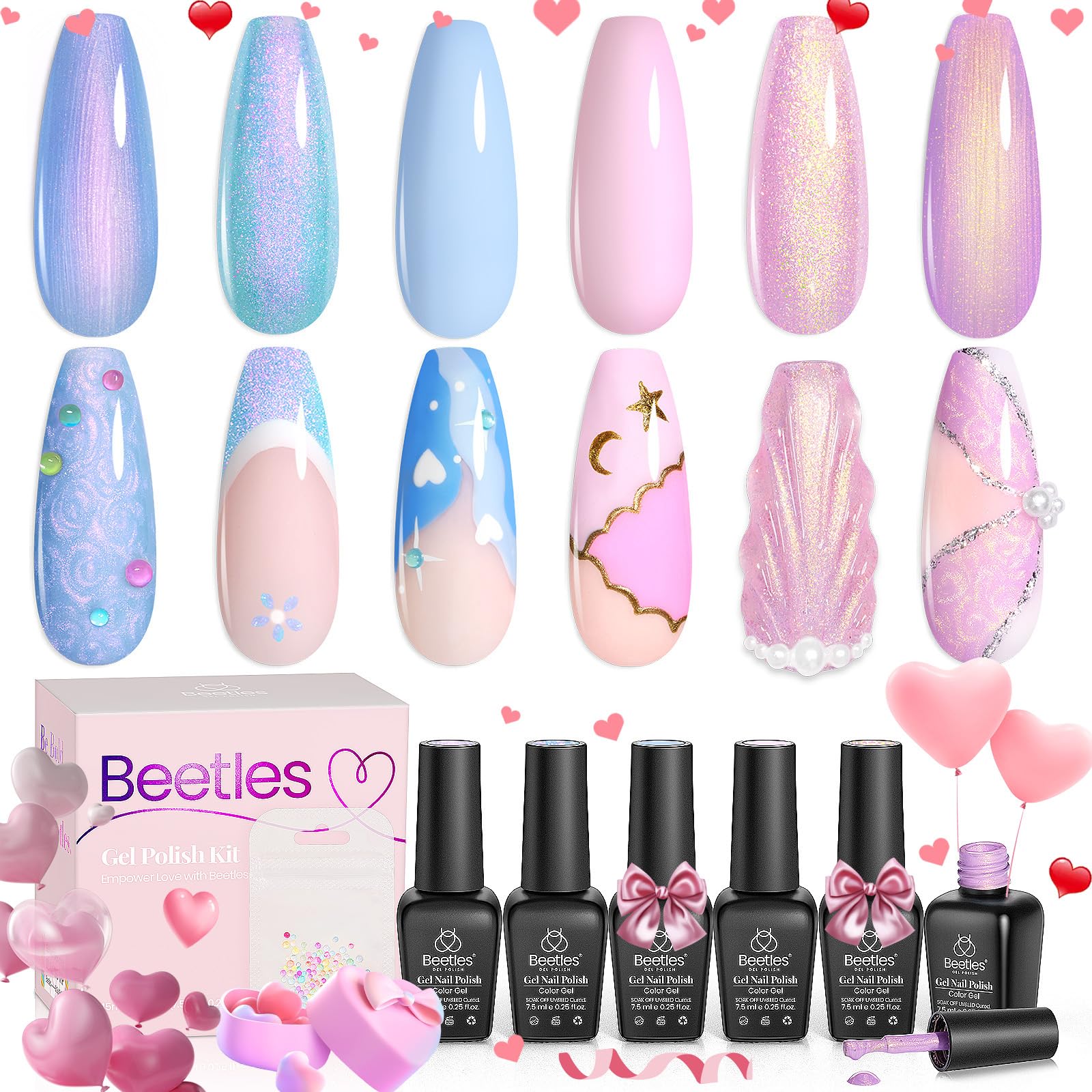 Beetles Pearl Gel Nail Polish Set 6 Colors, Blue Shimmer Gel Polish Pink Purple Mermaid, Nail Drawing Soak Off Uv Led Swirl Gel 