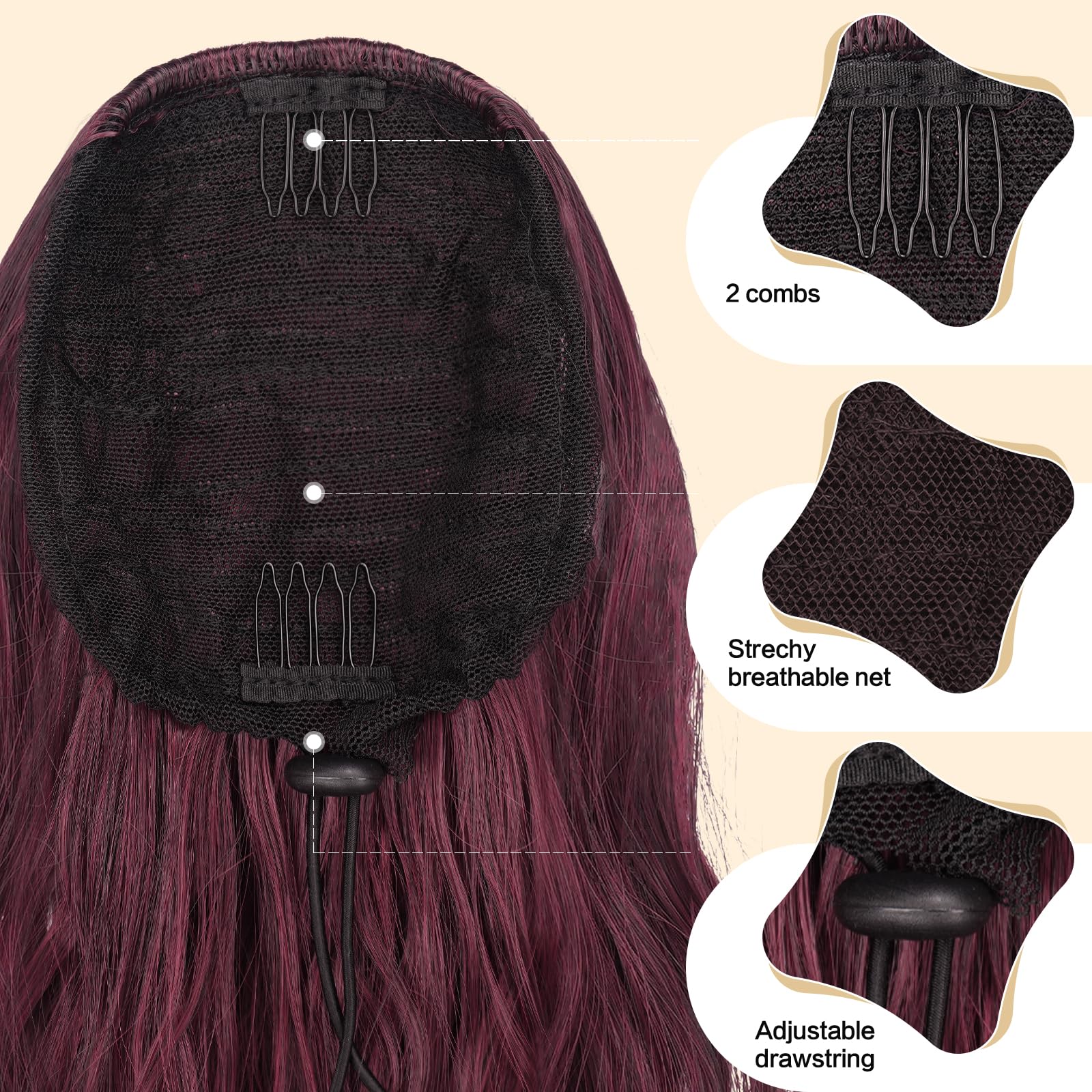FESHFEN Ponytail Extensions, Drawstring Ponytails Hair Extension Black Ombre Red Long Curly Wavy Hair Piece Synthetic Pony Tail