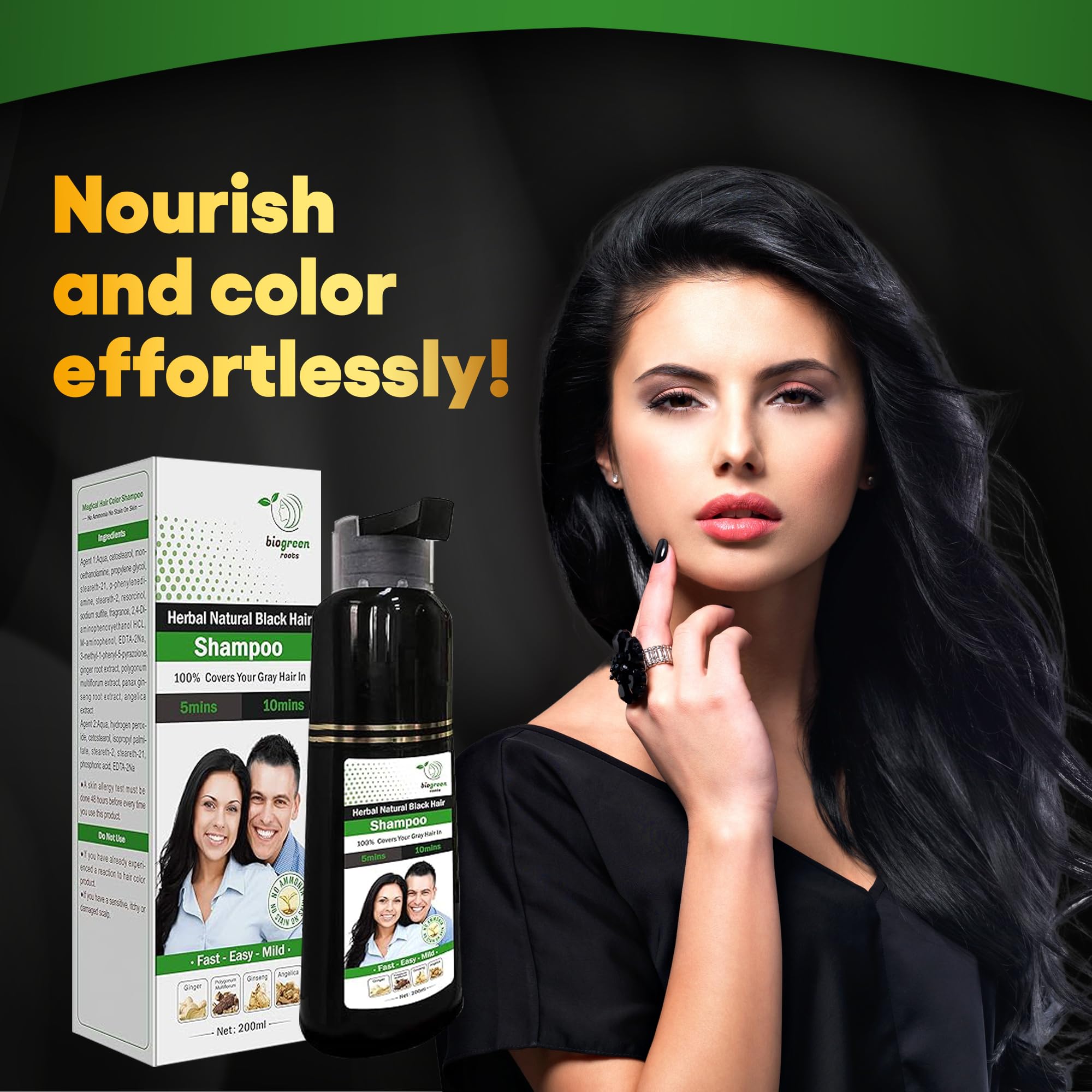 BIOgREEN ROOTS 200 ml Natural Black Hair color Shampoo With Herbals - Black Shampoo for grey Hair - covers gray Hair in 10 Minut