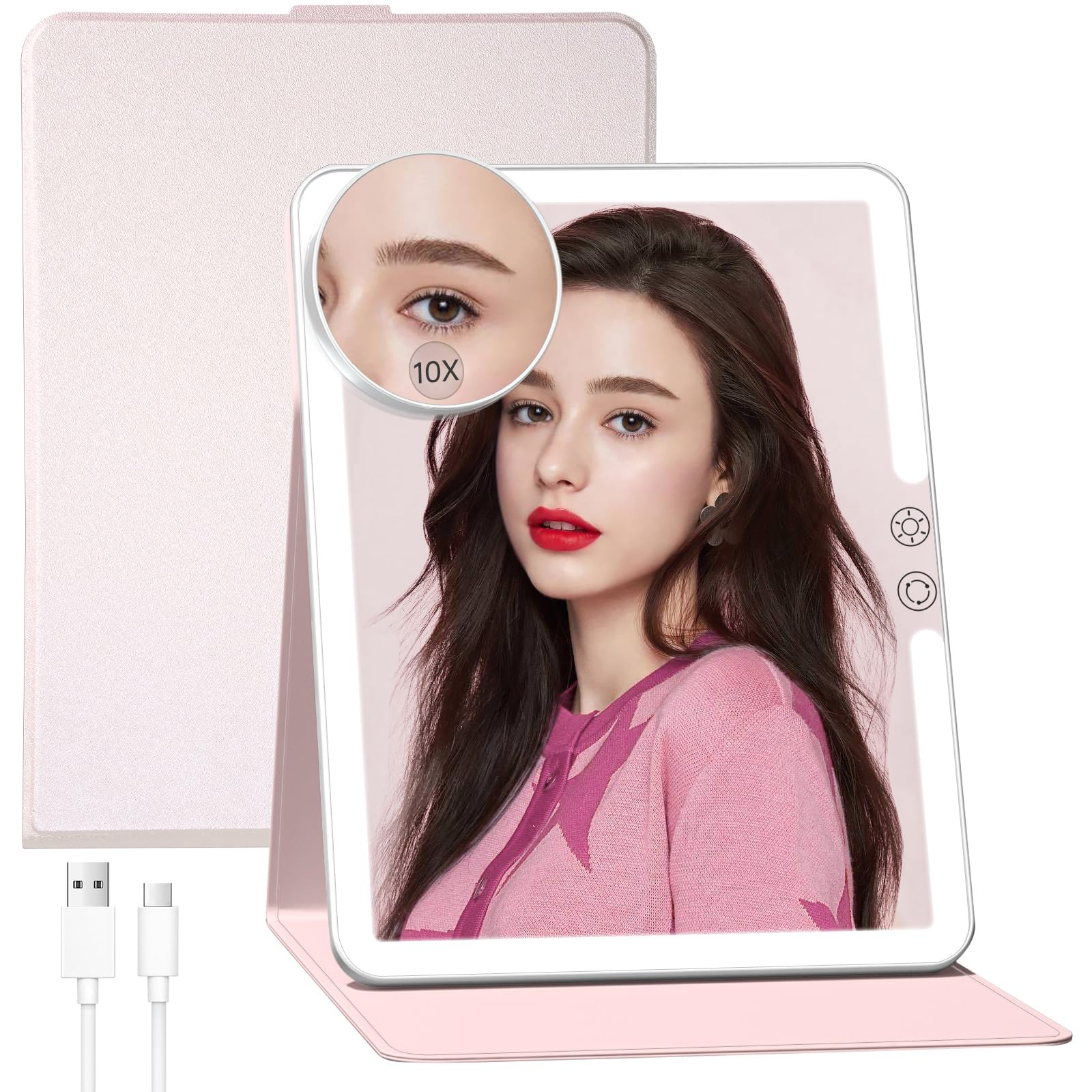 FUNTOUCH 2500mAh Large Rechargeable Travel Makeup Mirror with Lights, Portable Makeup Mirror with 10X Magnifying Mirror 3 Lighti