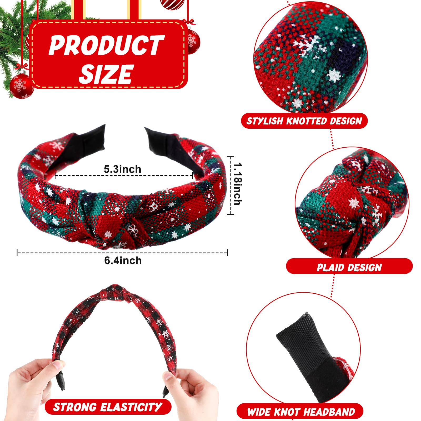 Yilloog 12 Pcs Christmas Knotted Retro Hair Band Snowflake Buffalo Plaid Headband Green Red for Women Wide Accessories Holiday H