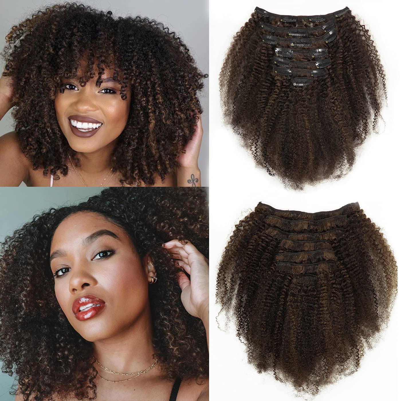Caliee Curly Clip in Human Hair Extensions Black with Brown Clip in Hair Extensions 7pcs 120g Real Human Hair Clip in Extensions