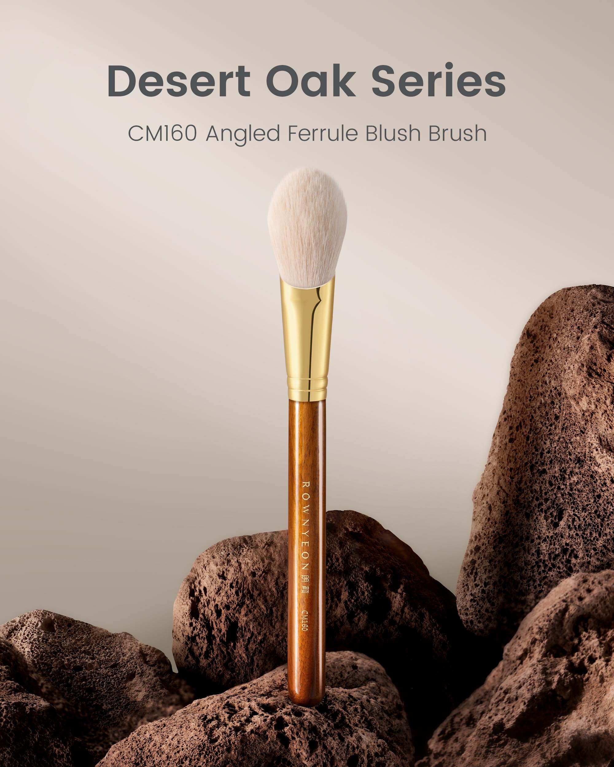 Desert Oak Series CM 160 Angled Blush Brush for Cheeks - Ideal for Powder & Cream Blush, Golden Brass Ferrule, Ebana Bubinga Han