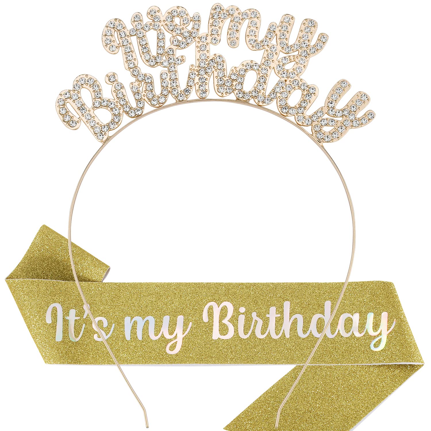 Chanaco Birthday Crowns for Women, Birthday Sash & Birthday Headband Set, Birthday Girl Sash & Birthday Tiara for Women (Gold)