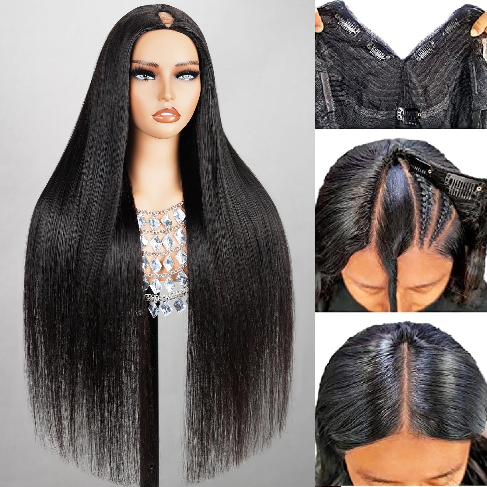 Megalook V Part Wig Human Hair Glueless Wigs 180% Density Clip In Straight Human Hair Wigs For Black Women Human Hair No Sew In