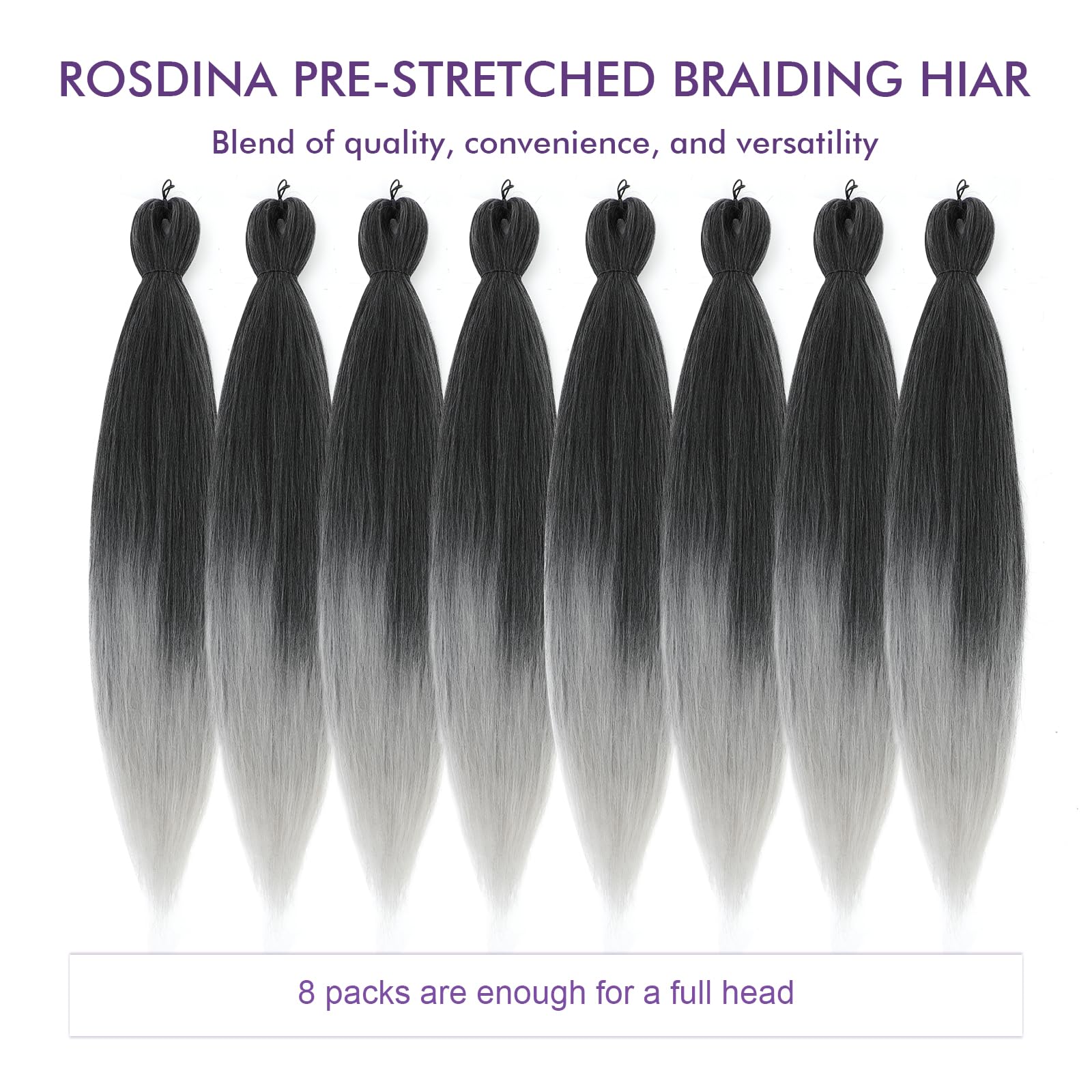Rosdina Pre-Stretched Braiding Hair - 26 Inch 8 Packs Ombre Gray Long Braiding Hair For Twist Or Box Braids, Yaki Texture Hot Wa