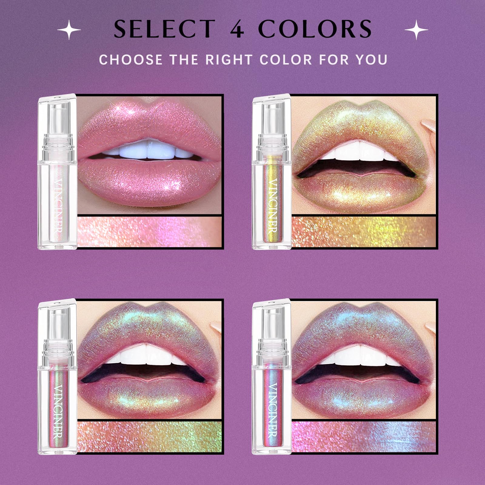 Hosaily Glitter Chameleon Liquid Lipsticks, Diamond Shimmer Glow Metallic Lip Gloss, Long Lasting Waterproof Shiny Glimmer Spark