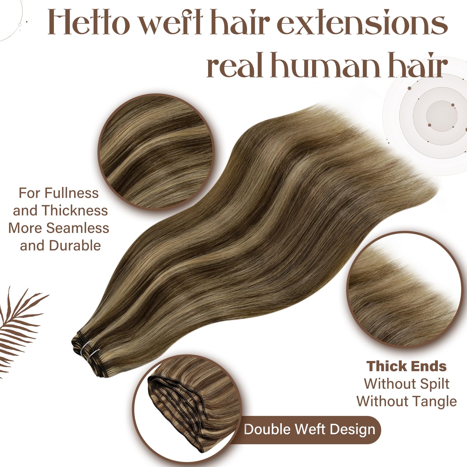 Hetto Sew in Hair Extensions Real Human Hair Brown Highlights Caramel Blonde Weft Hair Extensions Human Hair Highlight Brown Sew