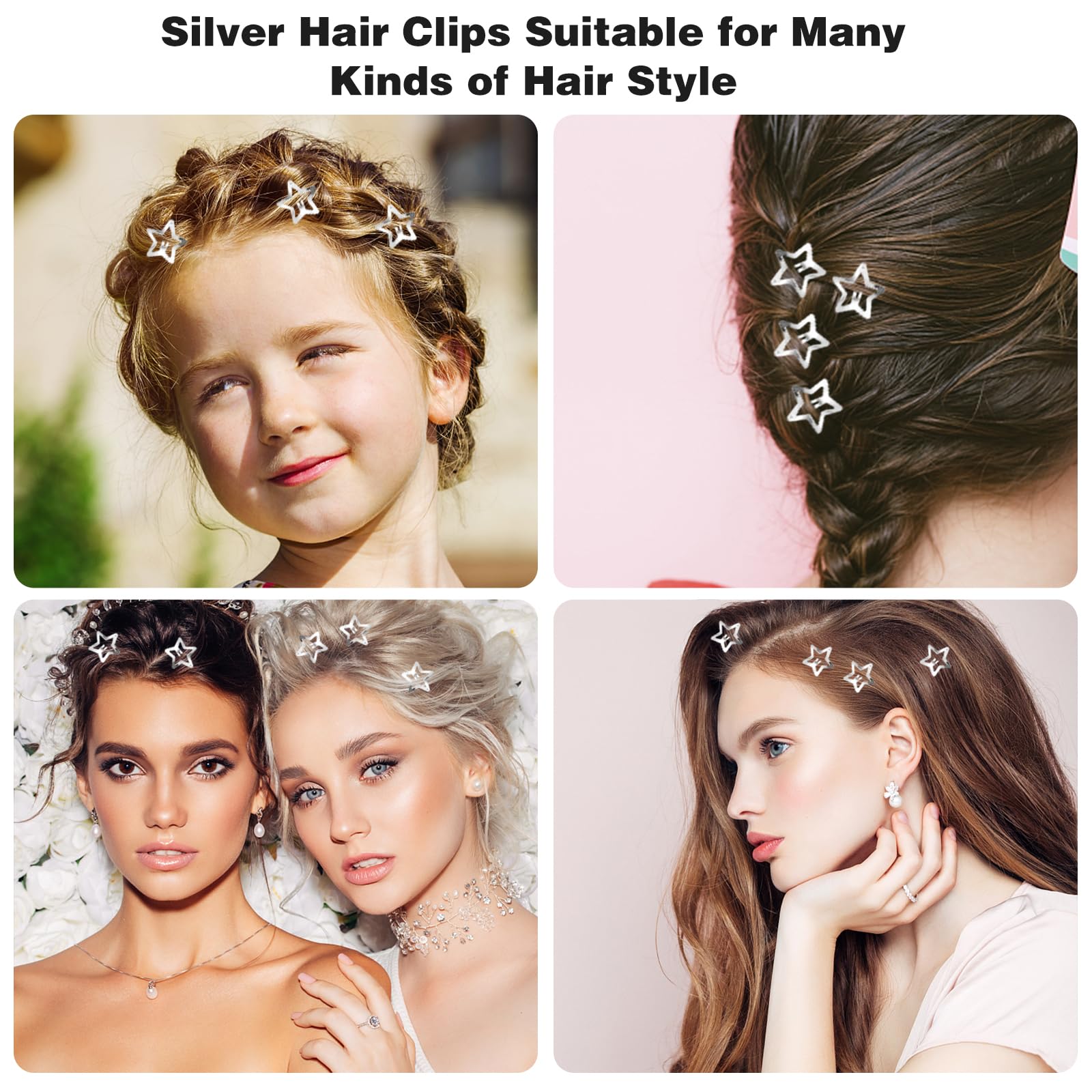 100Pcs Star Hair Clips, Metal Snap Hair Clips Silver Hair Accessories Cute Star Hair Clips Anti-Skid Snap Hair Clip for Thin Hai